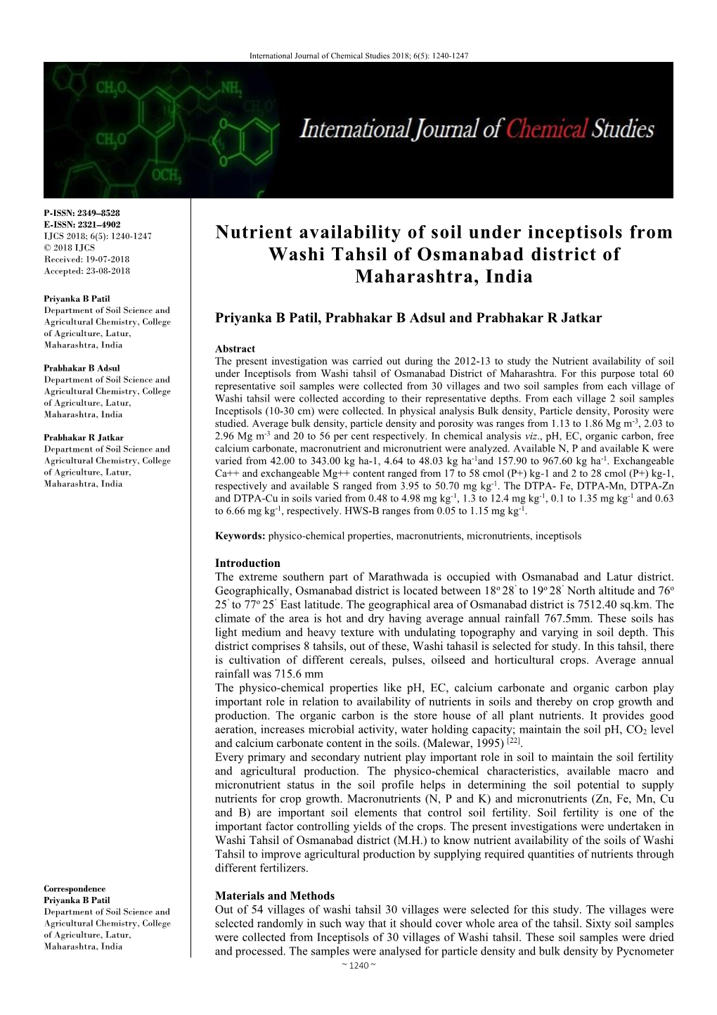 Nutrient Availability of Soil Under Inceptisols from Washi Tahsil Of
