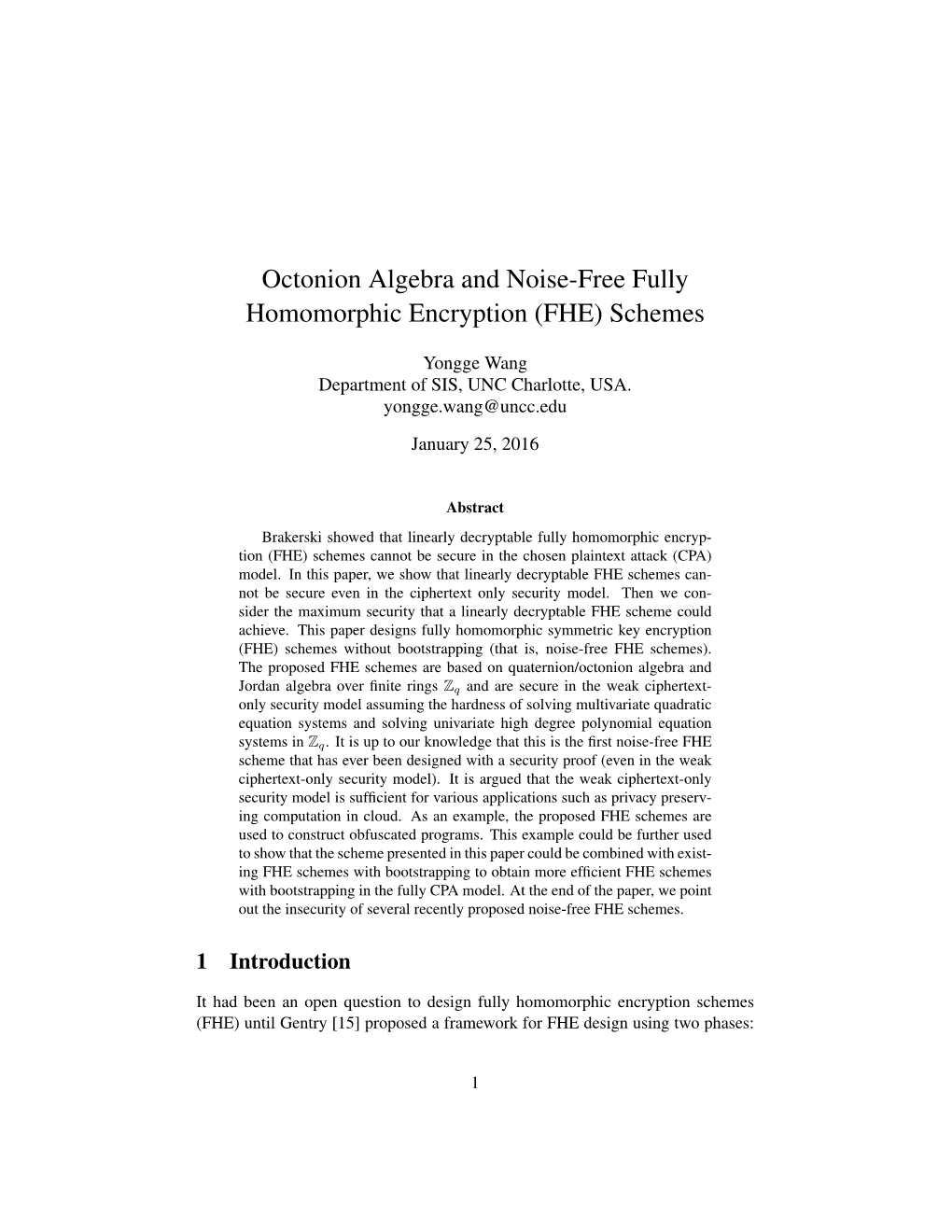 Octonion Algebra and Noise-Free Fully Homomorphic Encryption (FHE) Schemes