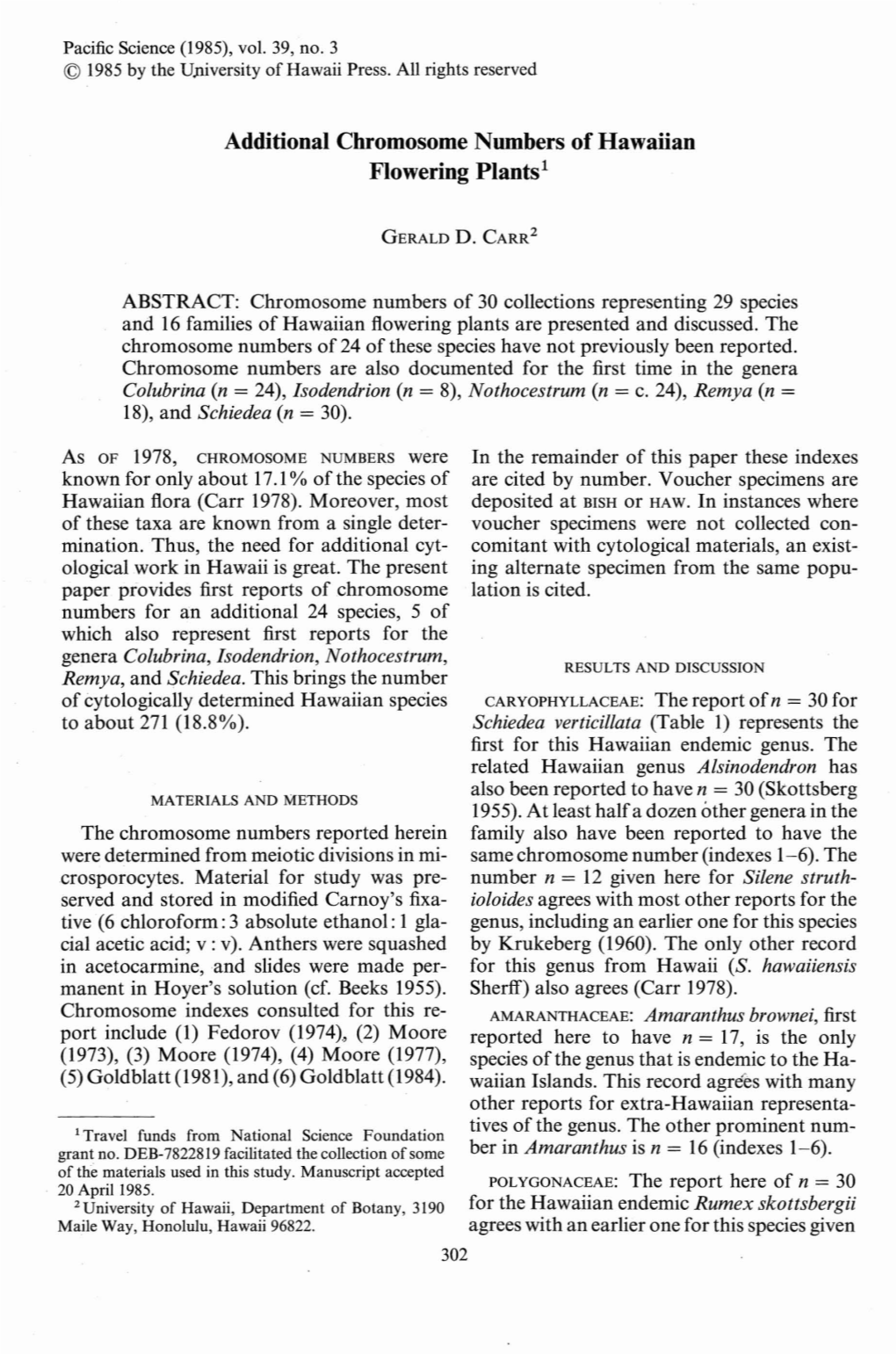 Additional Chromosome Numbers of Hawaiian Flowering Plants1