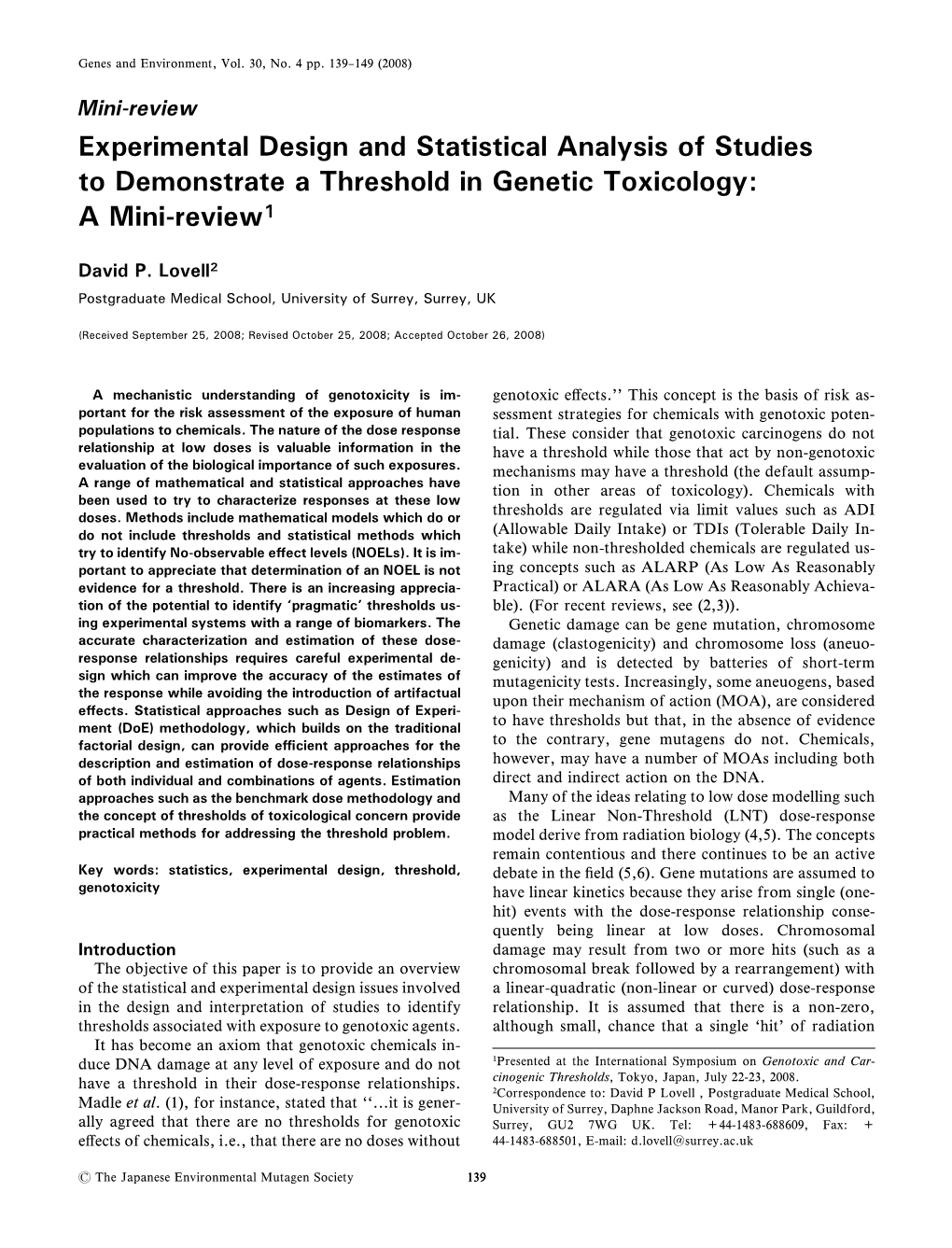 Experimental Design and Statistical Analysis of Studies to Demonstrate a Threshold in Genetic Toxicology: Amini-Review1