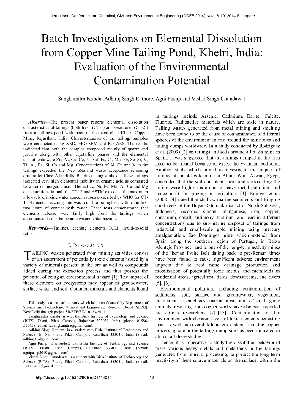 Batch Investigations on Elemental Dissolution from Copper Mine Tailing Pond, Khetri, India: Evaluation of the Environmental Contamination Potential