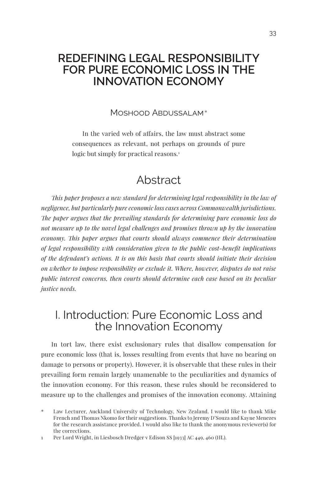 Pure Economic Loss and the Innovation Economy