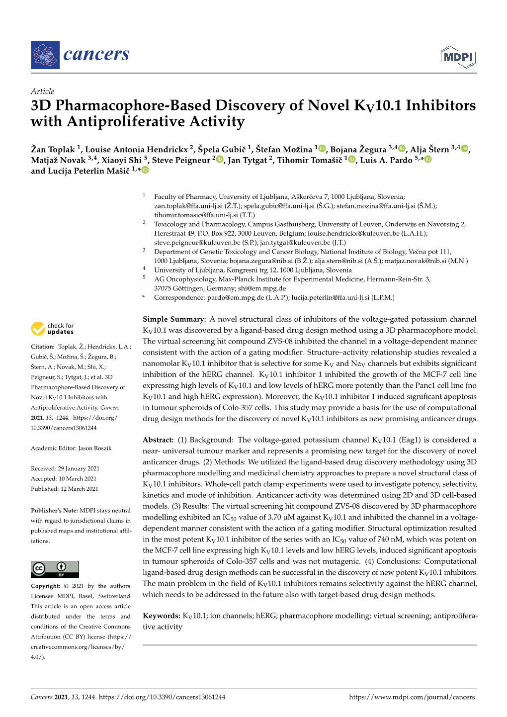 3D Pharmacophore-Based Discovery of Novel KV10.1 Inhibitors with Antiproliferative Activity