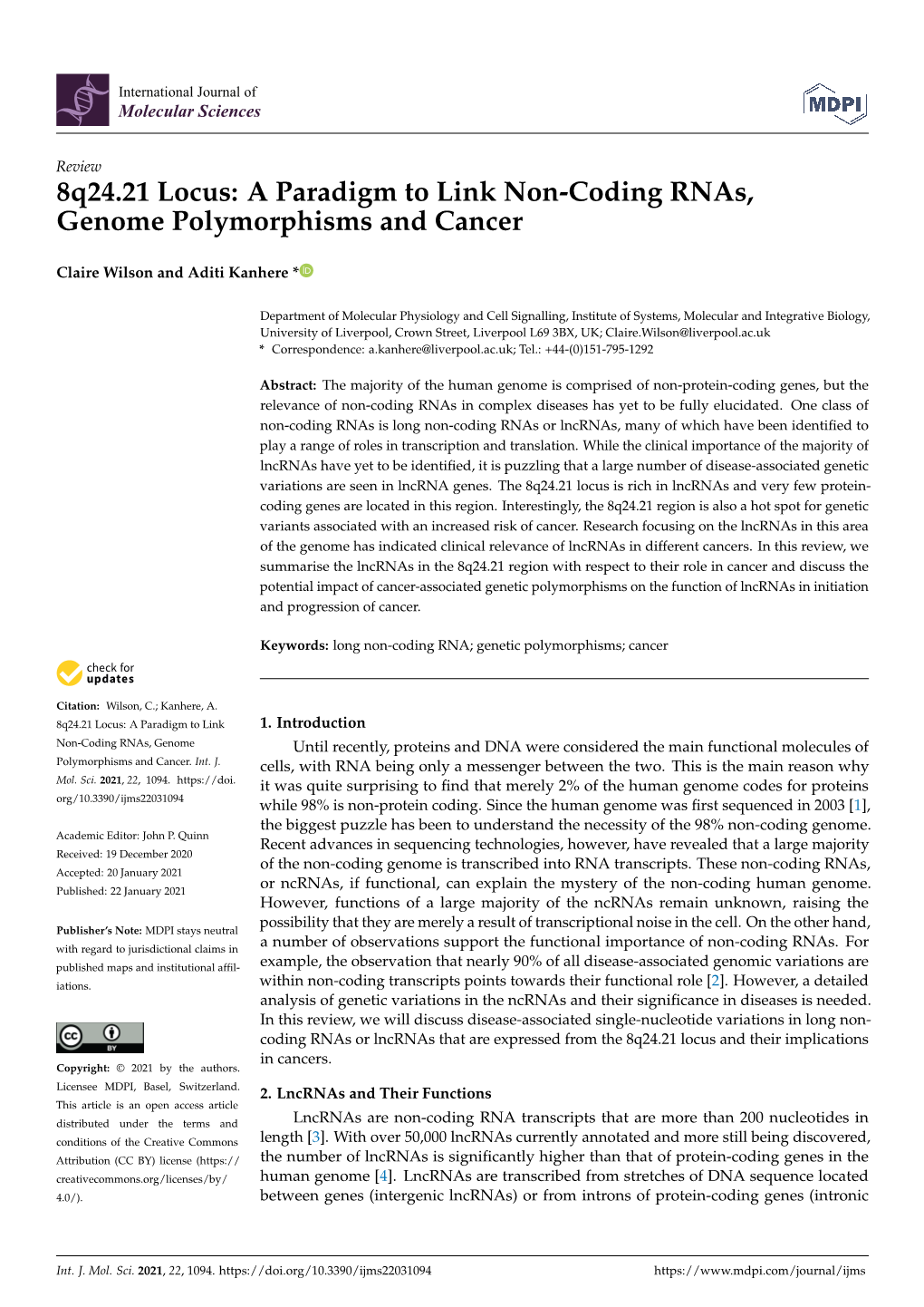 8Q24.21 Locus: a Paradigm to Link Non-Coding Rnas, Genome Polymorphisms and Cancer