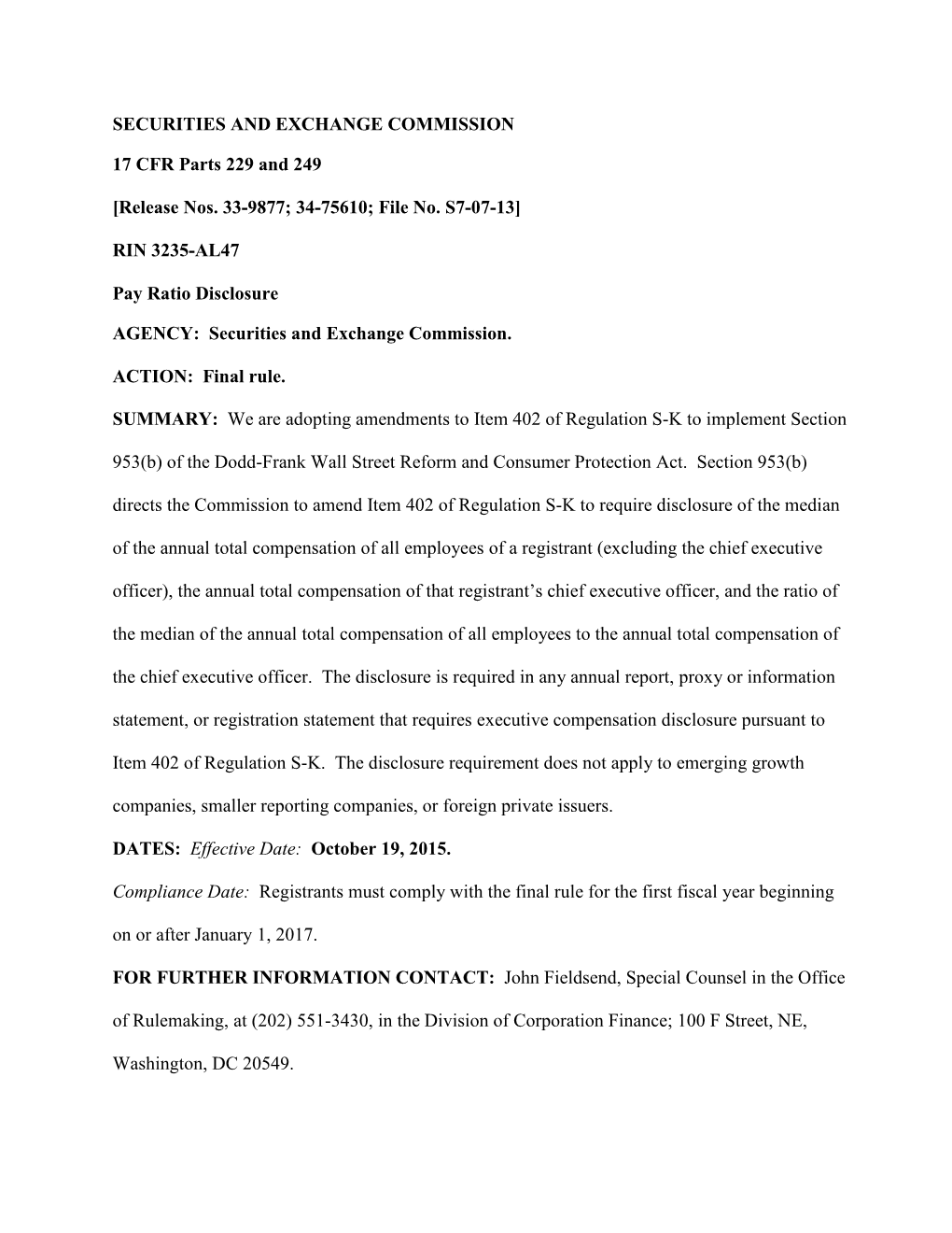 Pay Ratio Disclosure Final Rule