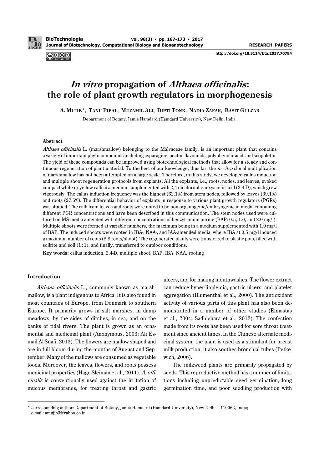 In Vitro Propagation of Althaea Officinalis: the Role of Plant Growth Regulators in Morphogenesis