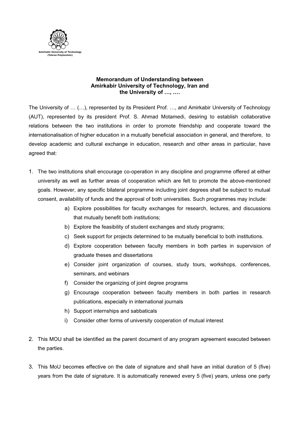 Model Agreement of Cooperation