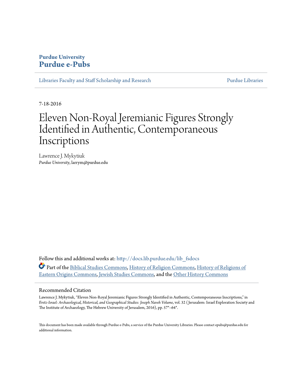 Eleven Non-Royal Jeremianic Figures Strongly Identified in Authentic, Contemporaneous Inscriptions Lawrence J