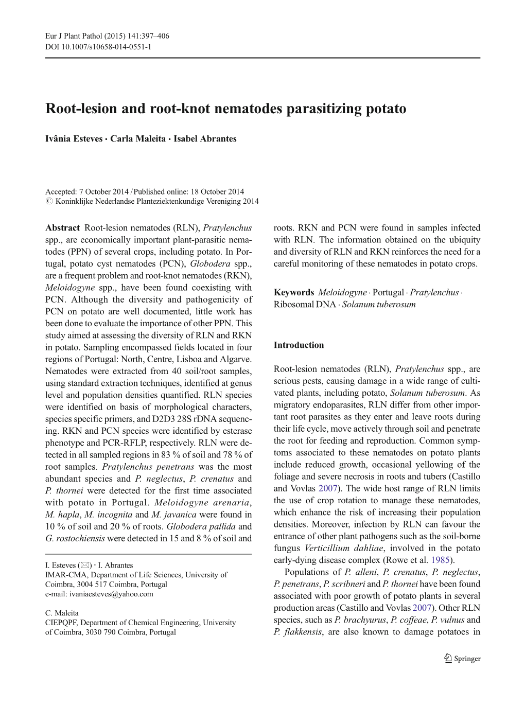 Root-Lesion and Root-Knot Nematodes Parasitizing Potato