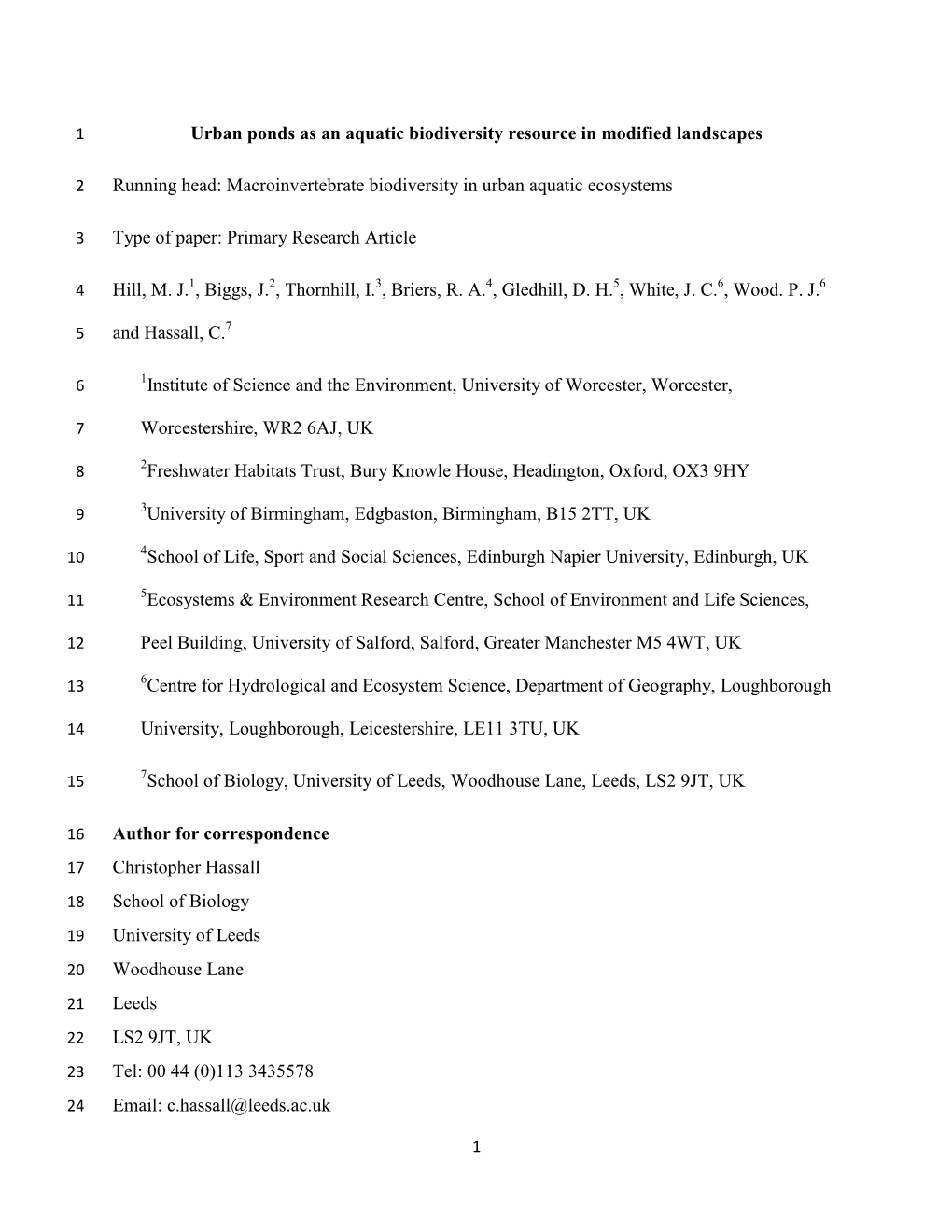 Macroinvertebrate Biodiversity in Urban Aquatic Ecosystems