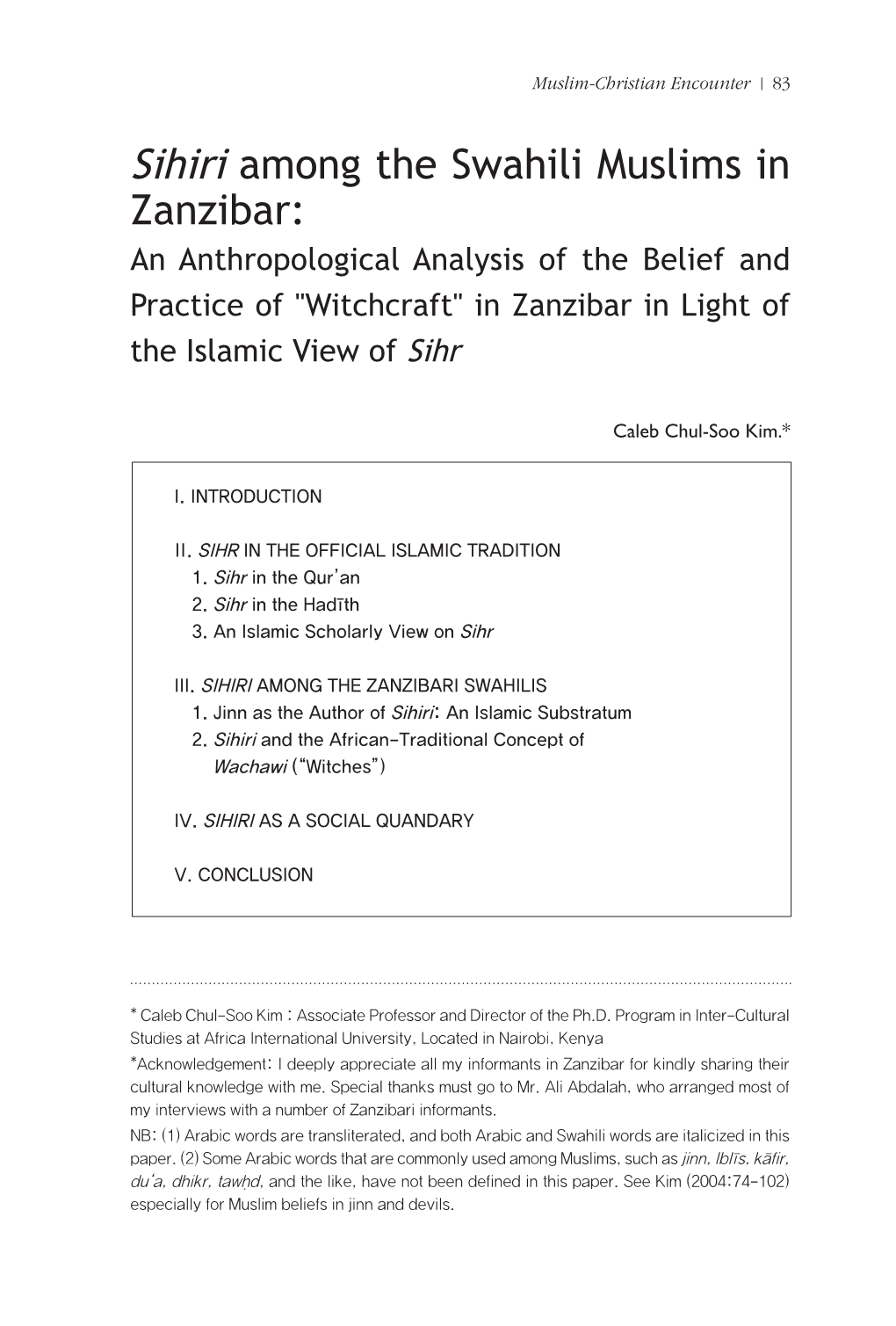 Sihiri Among the Swahili Muslims in Zanzibar: an Anthropological Analysis of the Belief and Practice of 