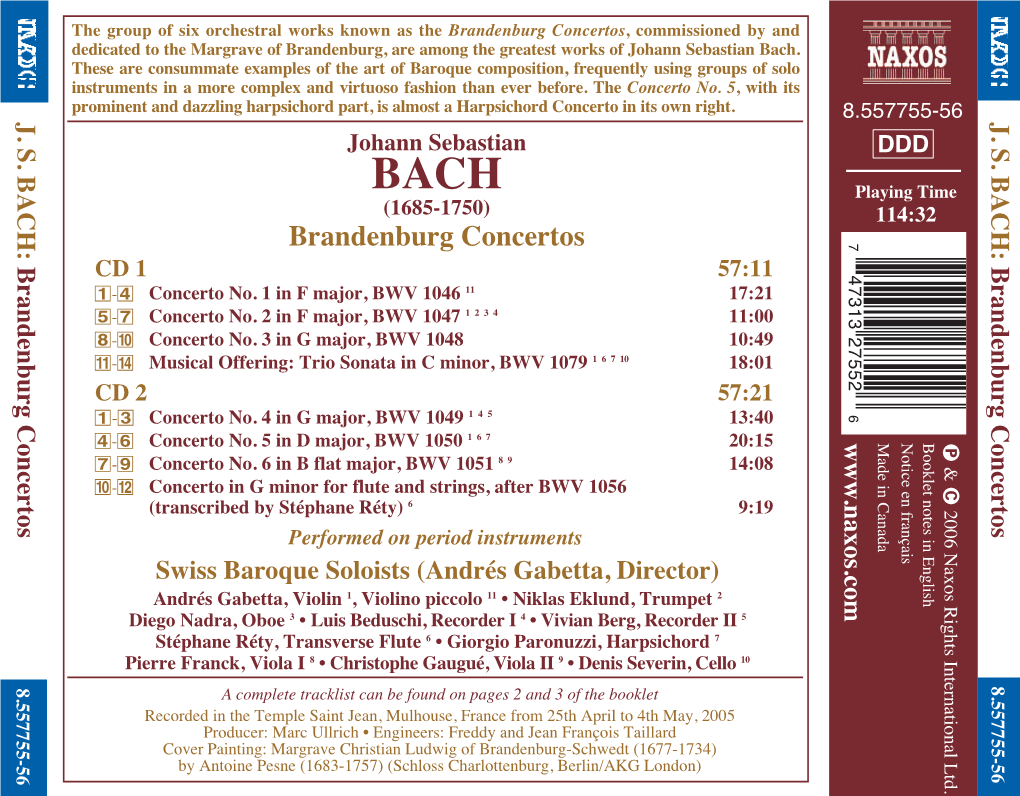 Brandenburg Concertos, Commissioned by and Dedicated to the Margrave of Brandenburg, Are Among the Greatest Works of Johann Sebastian Bach