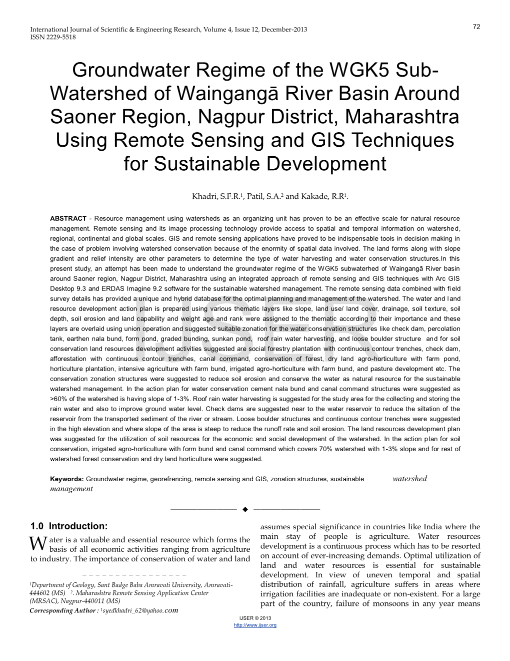 Groundwater Regime of the WGK5 Sub-Watershed of Wainganga