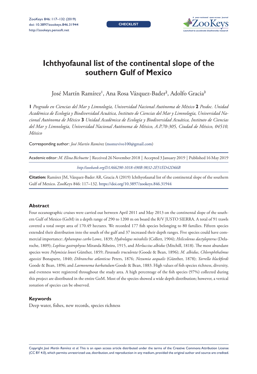 Ichthyofaunal List of the Continental Slope of the Southern Gulf of Mexico