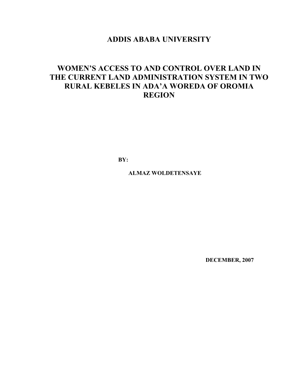 Women's Access to and Control Over Land in the Current