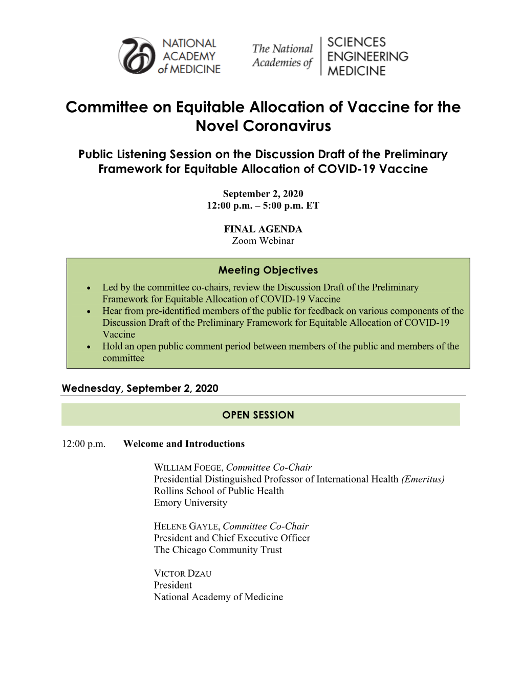 Committee on Equitable Allocation of Vaccine for the Novel Coronavirus