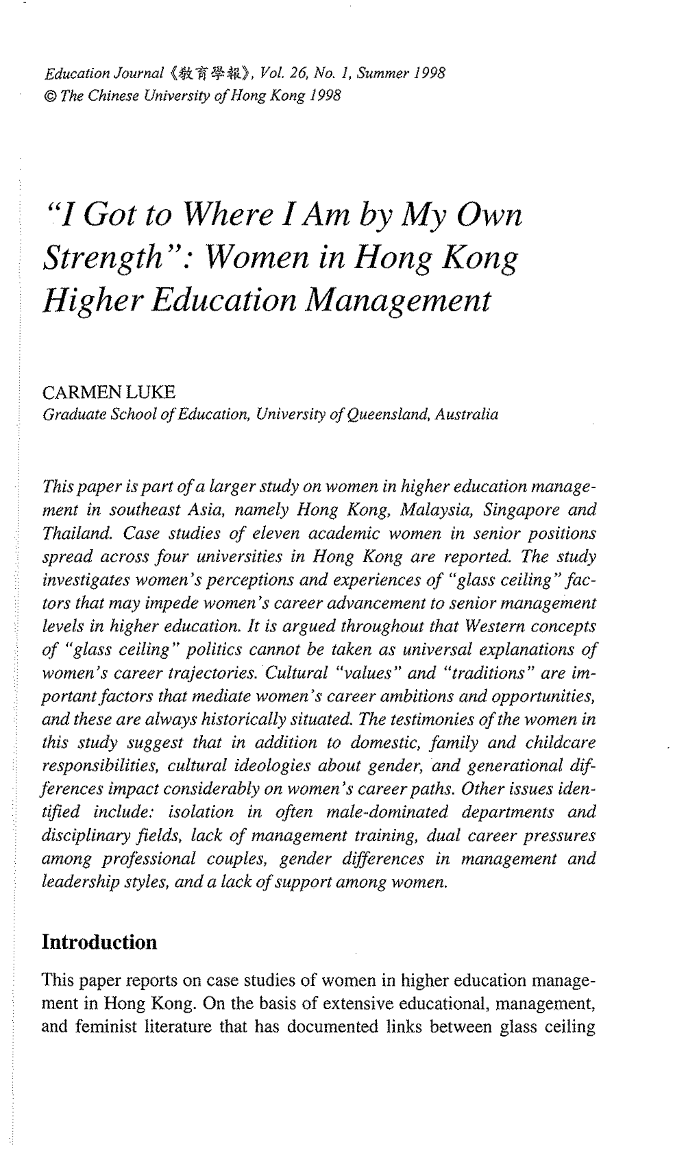 I Got to Where I Am by My Own Strength": Women in Hong Kong Higher Education Management