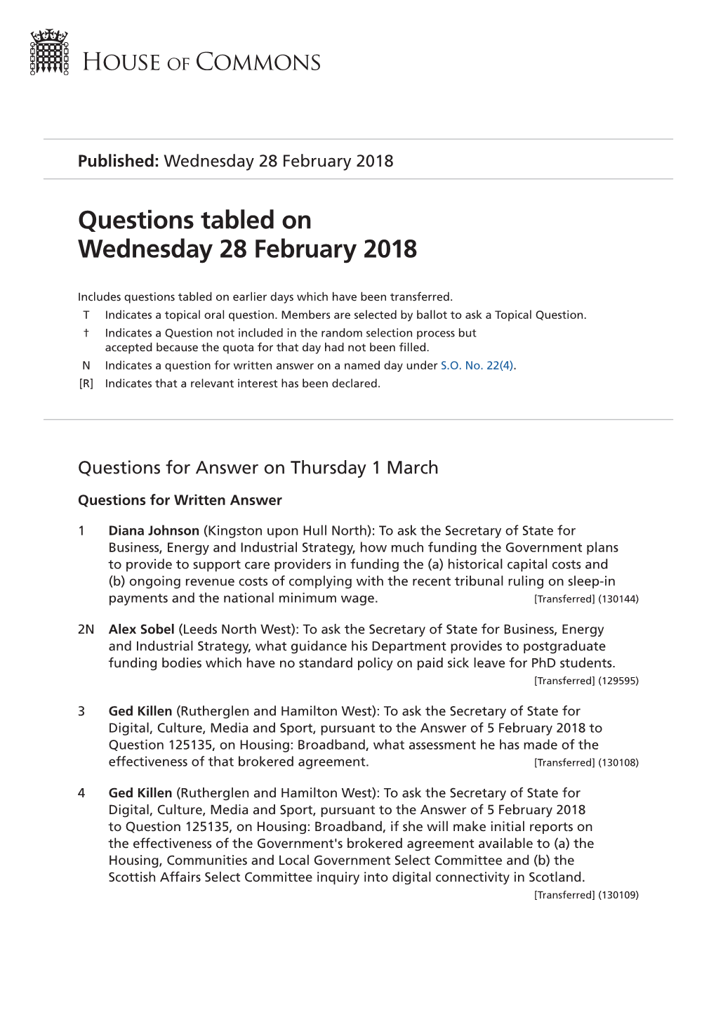 Questions Tabled on Wed 28 Feb 2018