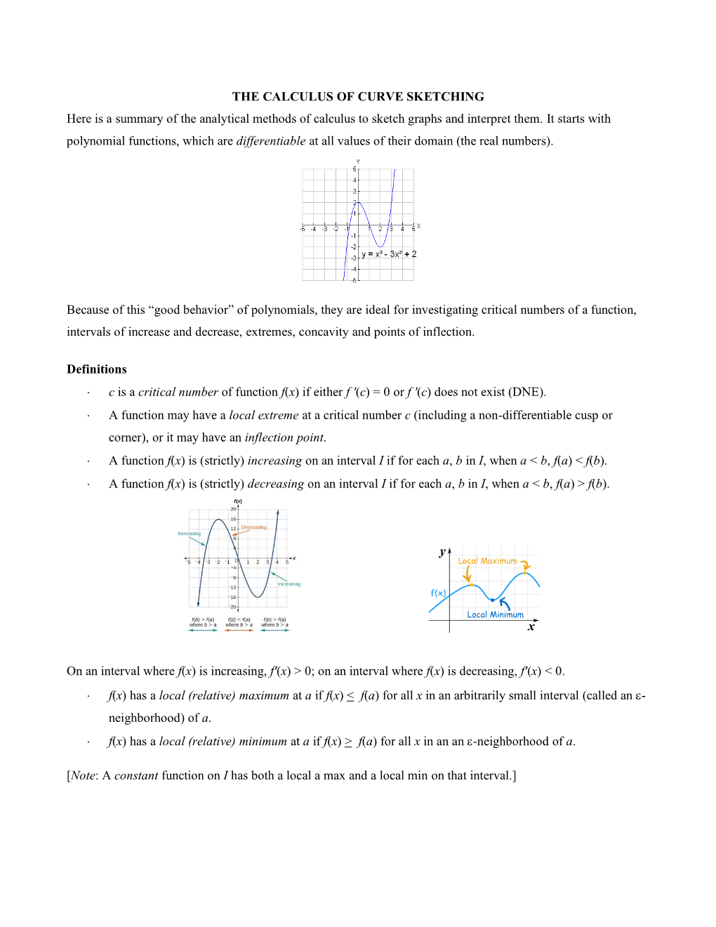 THE CALCULUS of CURVE SKETCHING Here Is a Summary of the Analytical Methods of Calculus to Sketch Graphs and Interpret Them