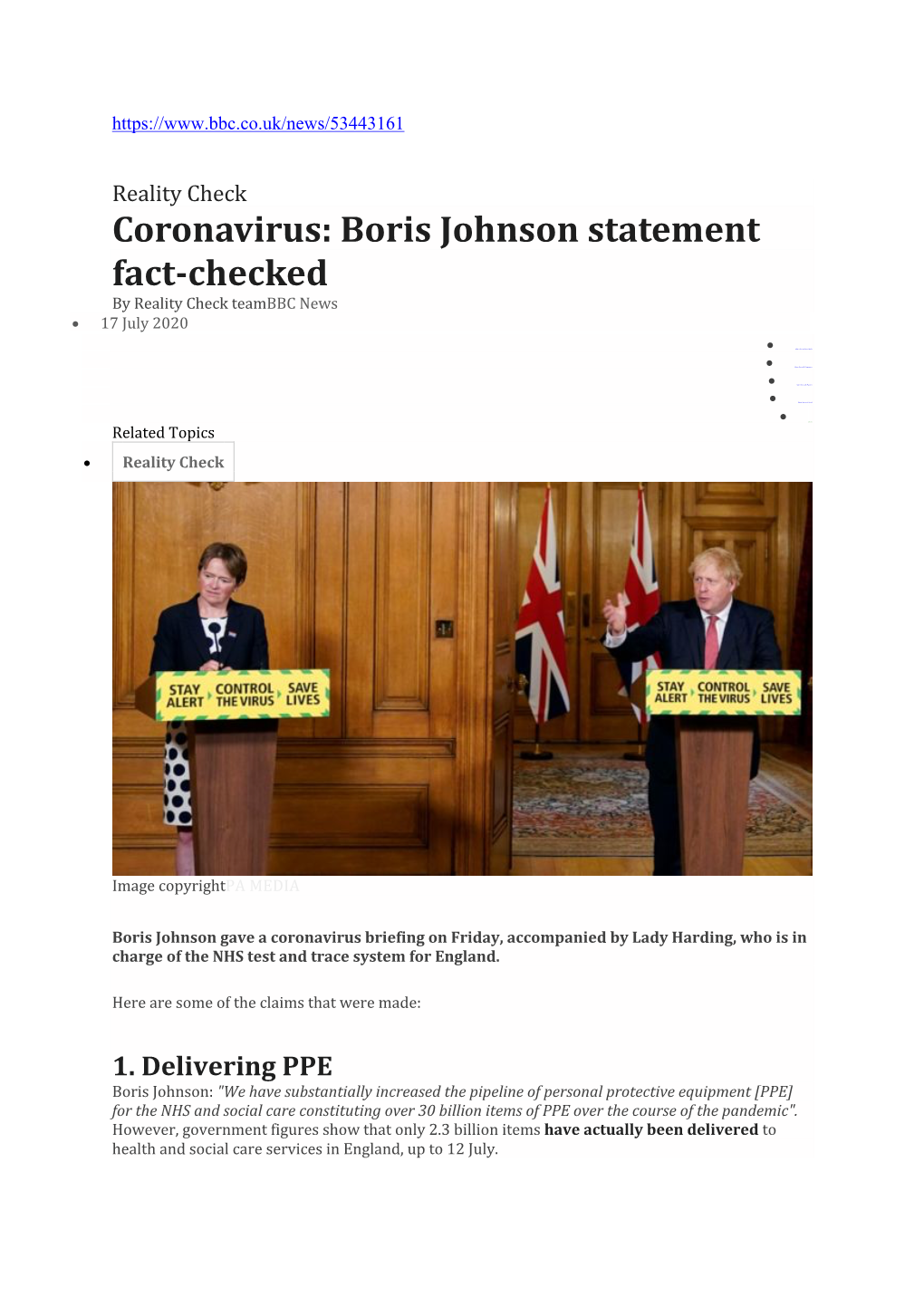 Coronavirus: Boris Johnson Statement Fact-Checked by Reality Check Teambbc News • 17 July 2020