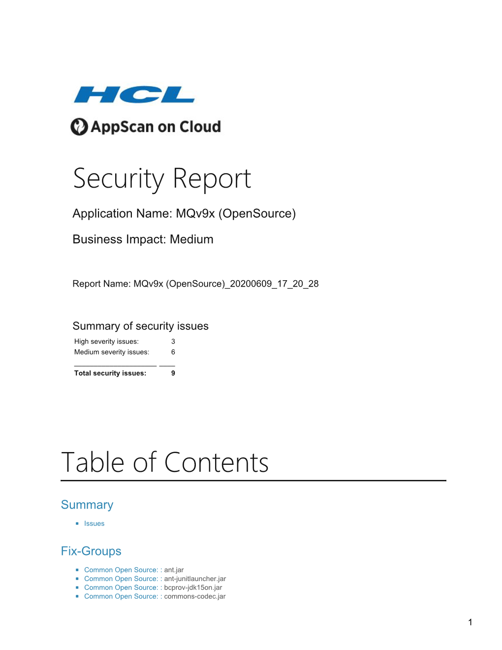 Security Report Table of Contents