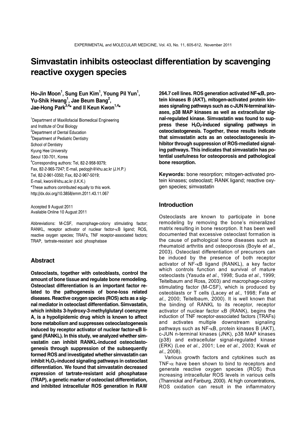 Simvastatin Inhibits Osteoclast Differentiation by Scavenging Reactive Oxygen Species