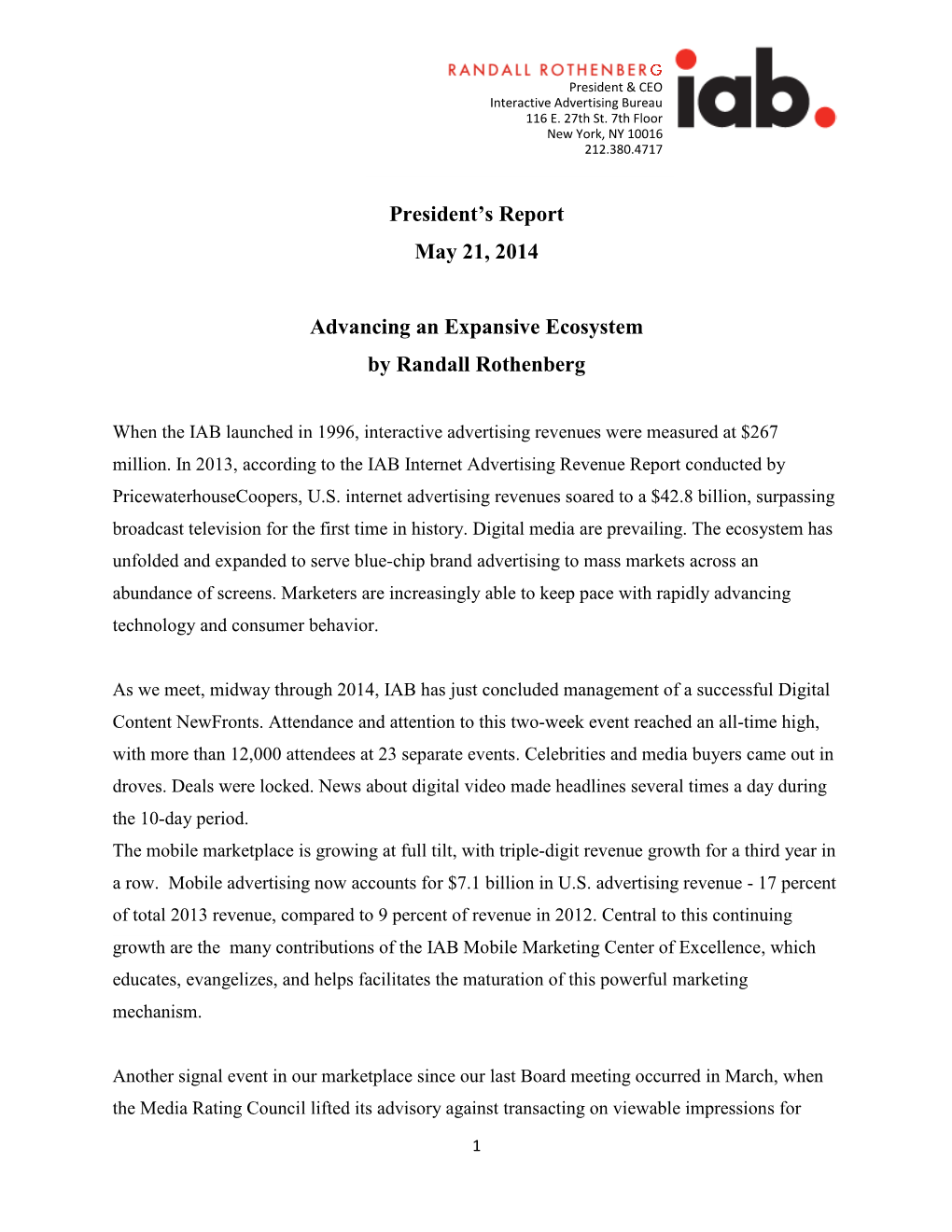 President's Report May 21, 2014 Advancing an Expansive