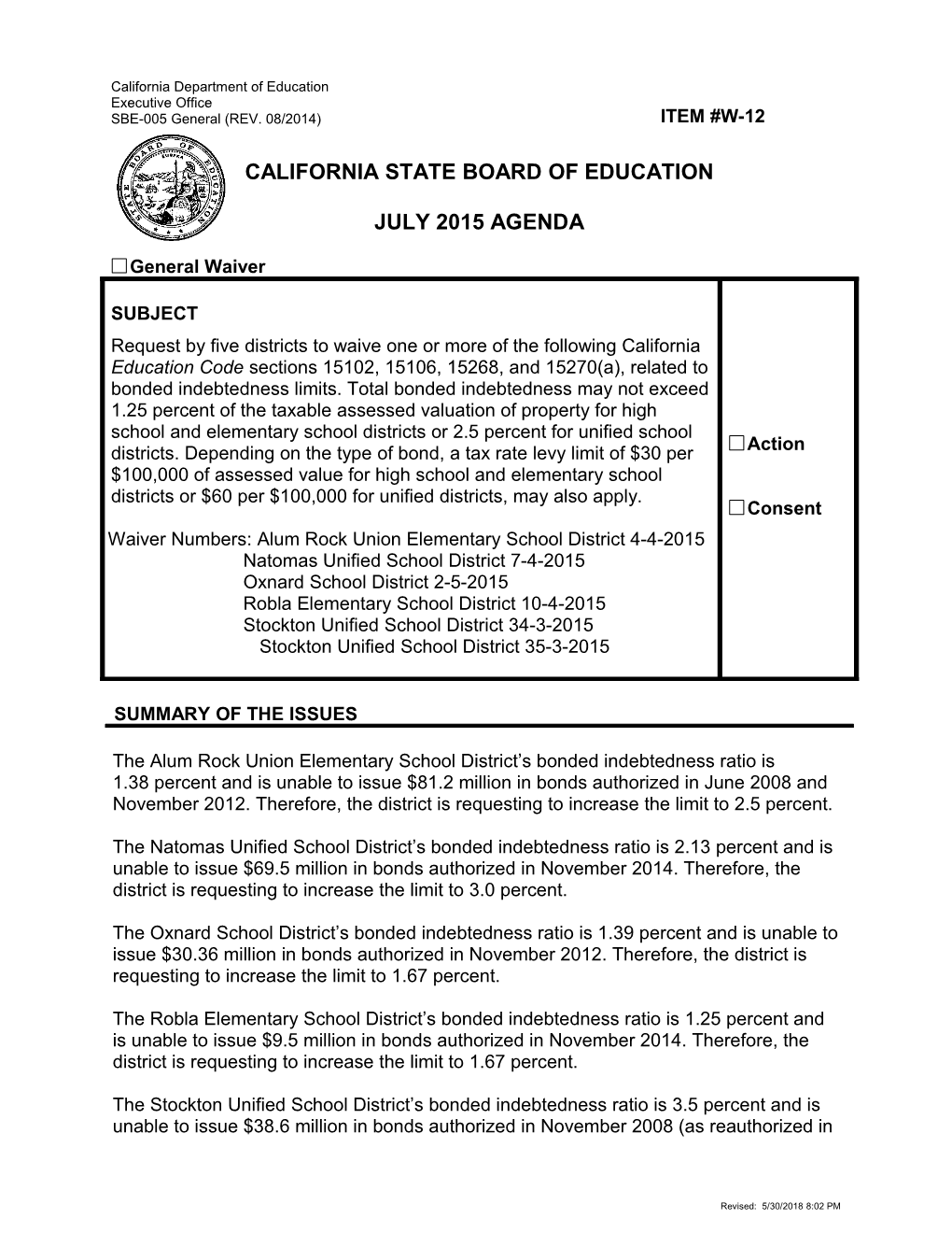 July 2015 Waiver Item W-12 - Meeting Agendas (CA State Board of Education)