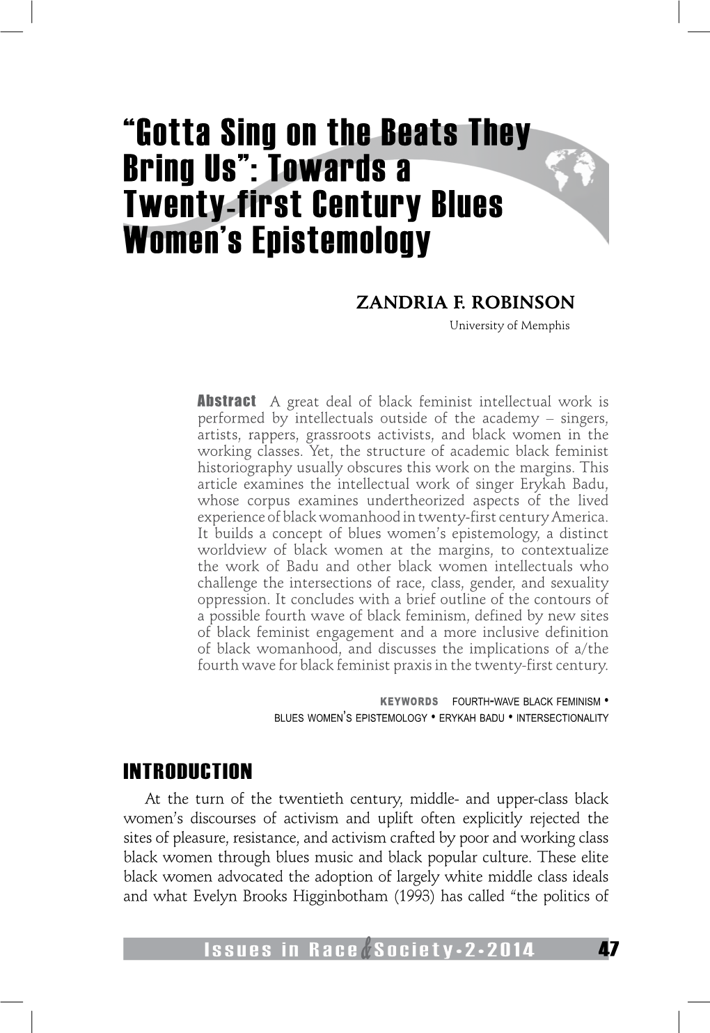 Gotta Sing on the Beats They Bring Us”: Towards a Twenty-First Century Blues Women’S Epistemology