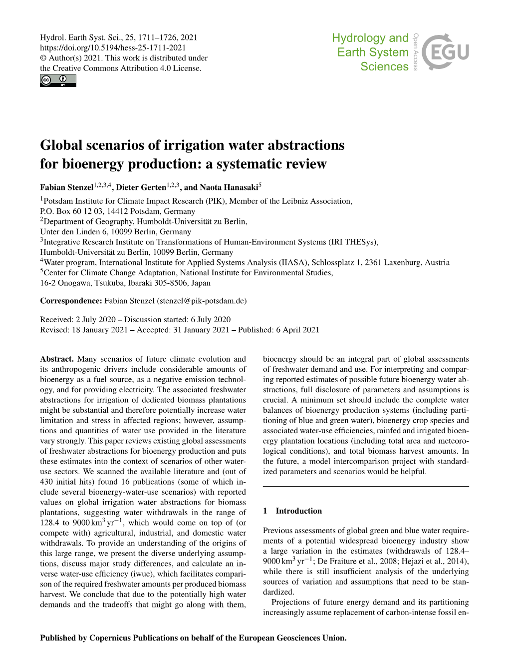 Global Scenarios of Irrigation Water Abstractions for Bioenergy Production: a Systematic Review