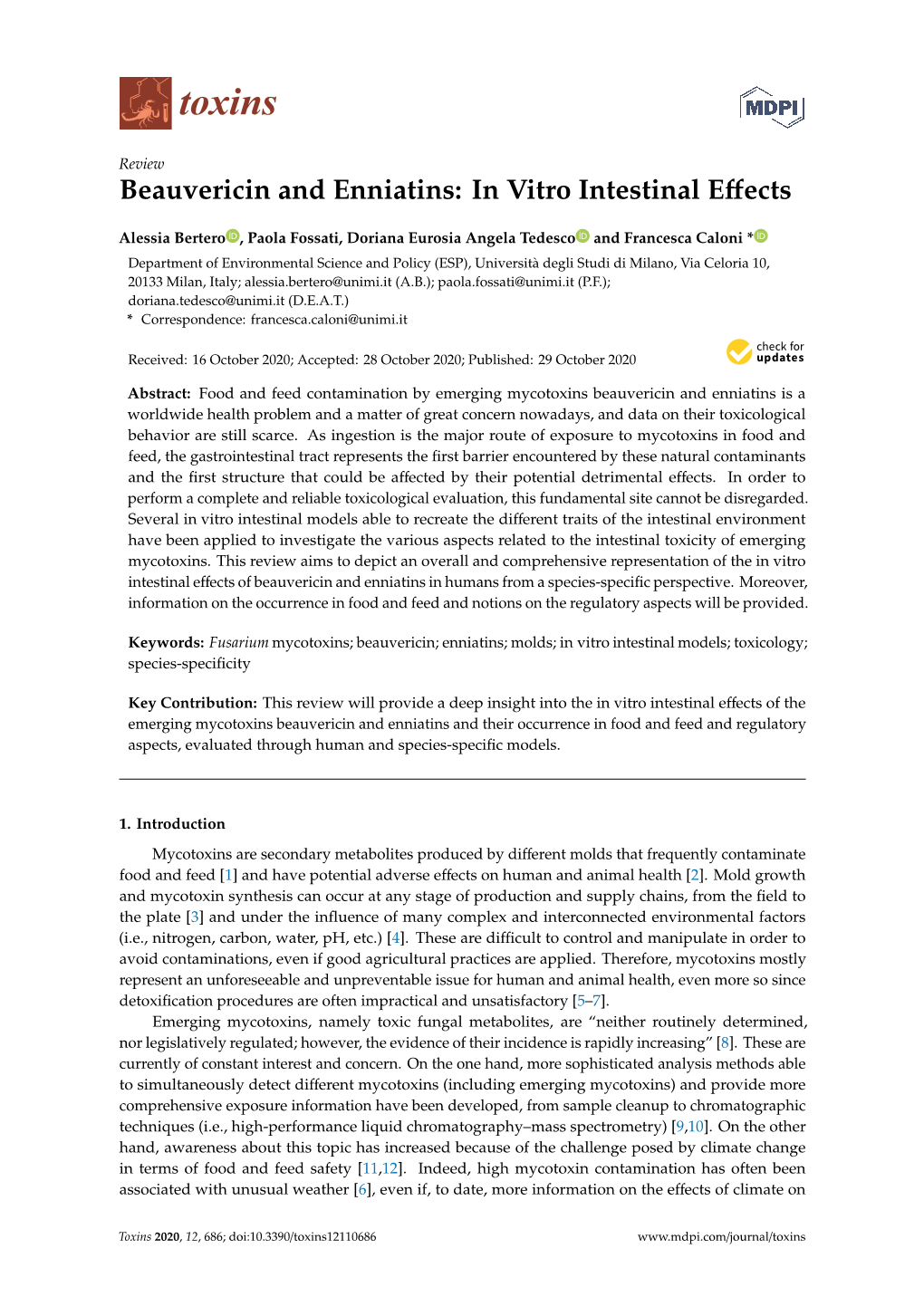 Beauvericin and Enniatins: in Vitro Intestinal Eﬀects