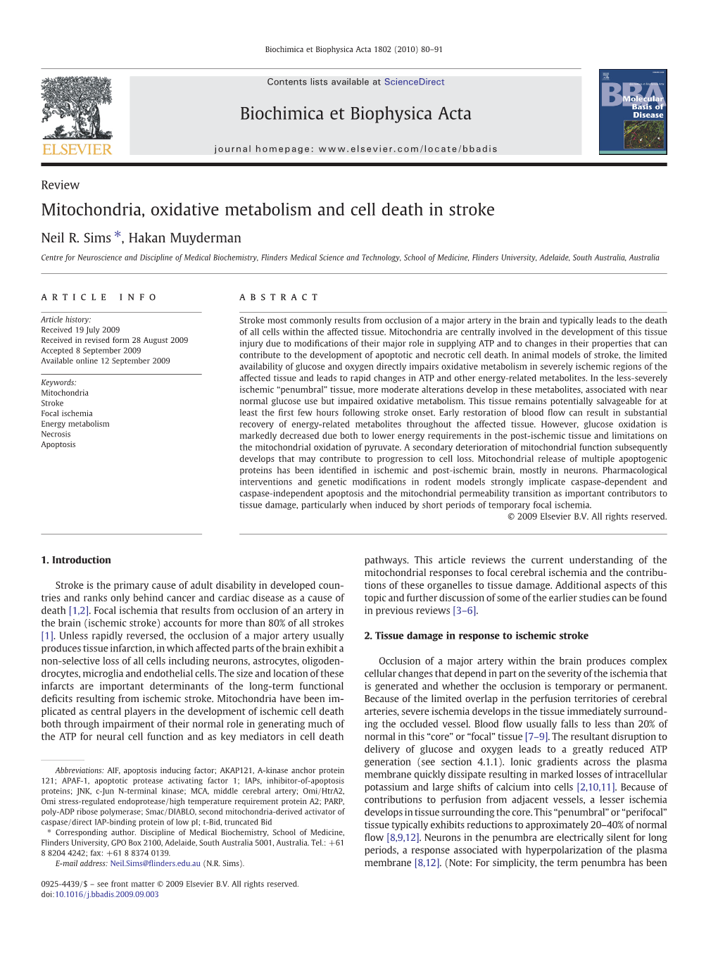 Mitochondria, Oxidative Metabolism and Cell Death in Stroke