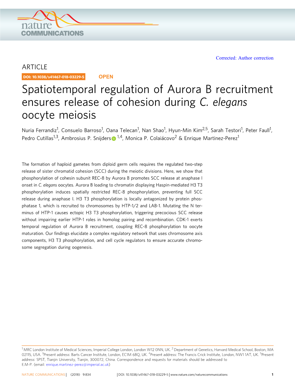 Spatiotemporal Regulation of Aurora B Recruitment Ensures Release of Cohesion During C