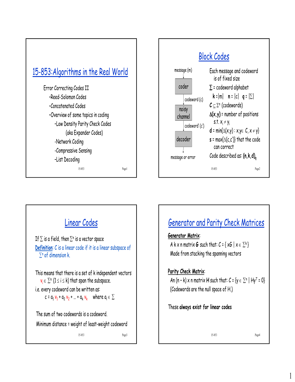 15-853:Algorithms in the Real World Block Codes Linear Codes