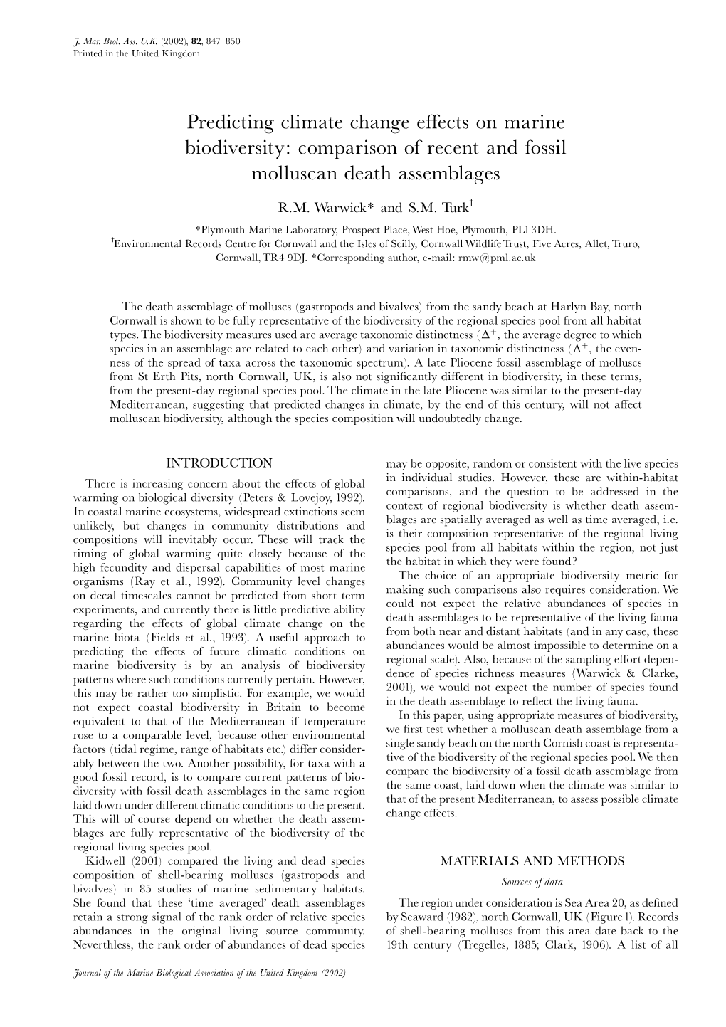 Predicting Climate Change Effects on Marine Biodiversity: Comparison Of