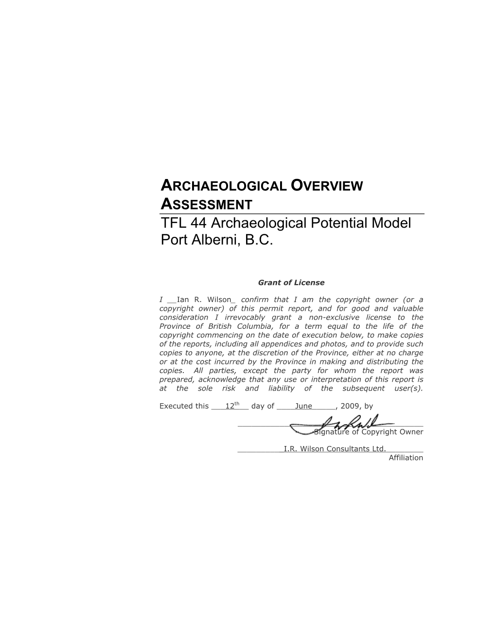 TFL 44 Archaeological Potential Model Port Alberni, B.C