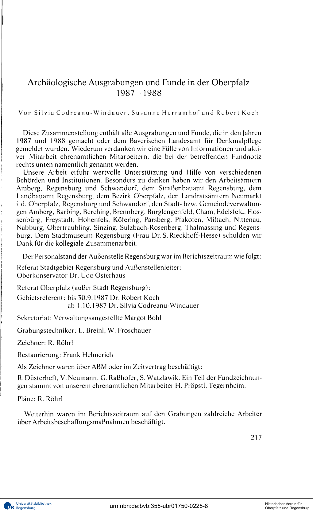 Archäologische Ausgrabungen Und Funde in Der Oberpfalz 1987-1988