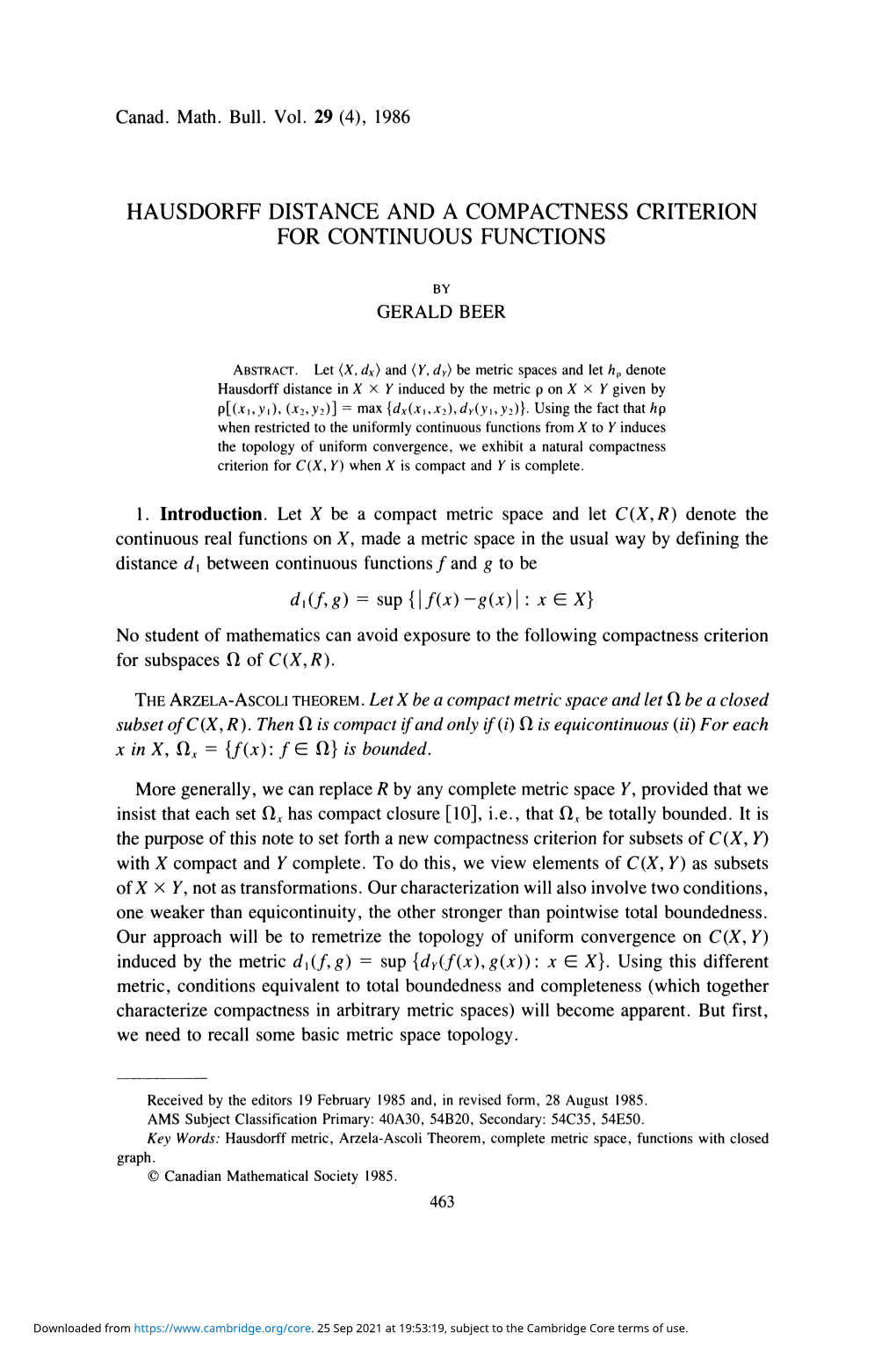 Hausdorff Distance and a Compactness Criterion for Continuous Functions