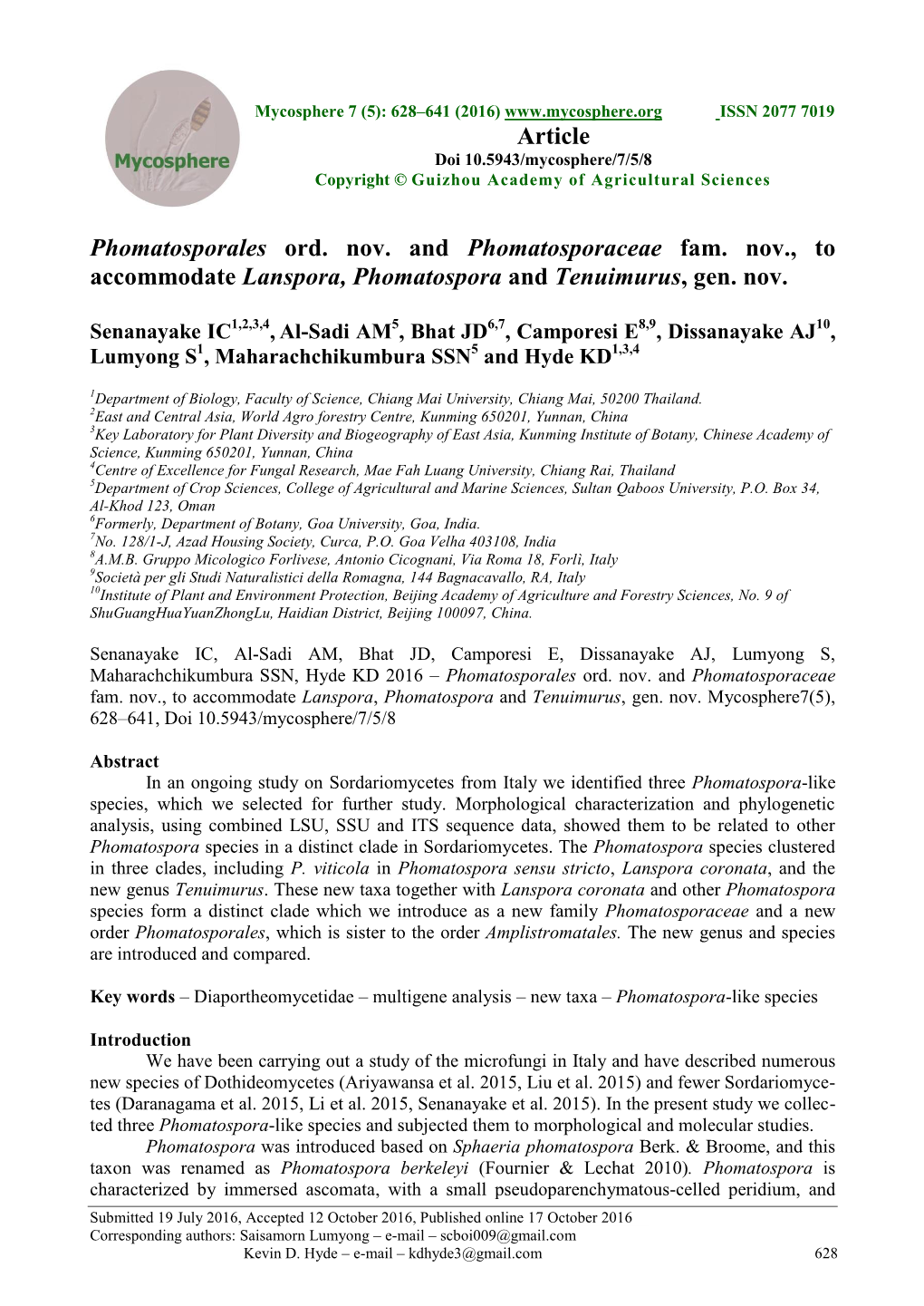 Phomatosporales Ord. Nov. and Phomatosporaceae Fam