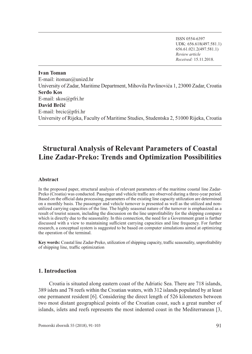 Structural Analysis of Relevant Parameters of Coastal Line Zadar-Preko: Trends and Optimization Possibilities