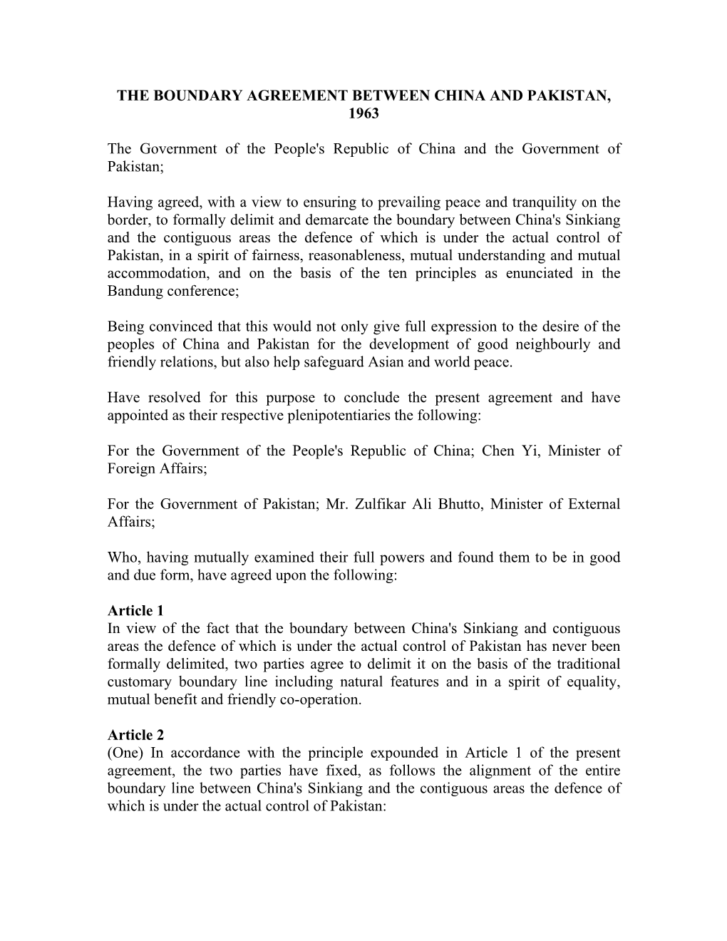 The Boundary Agreement Between China and Pakistan, 1963