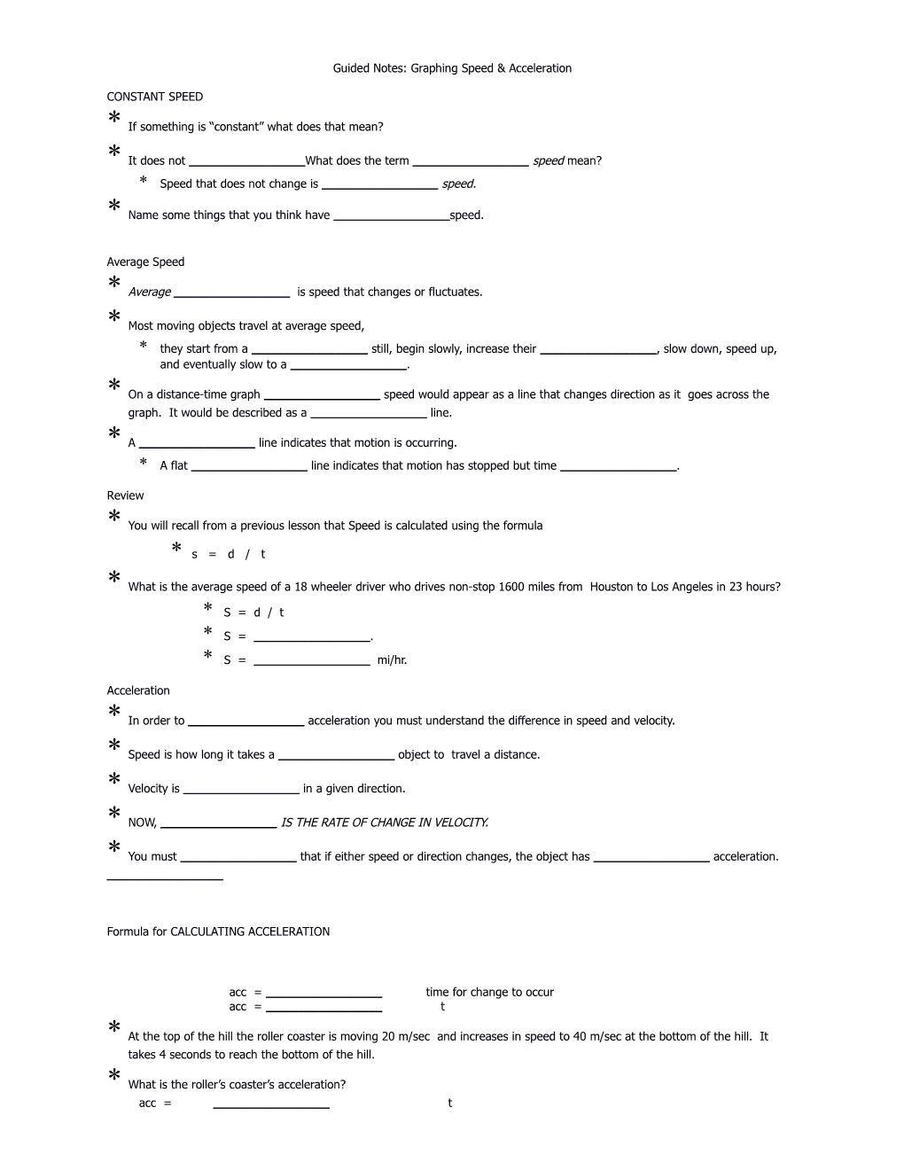 Guided Notes: Graphing Speed & Acceleration