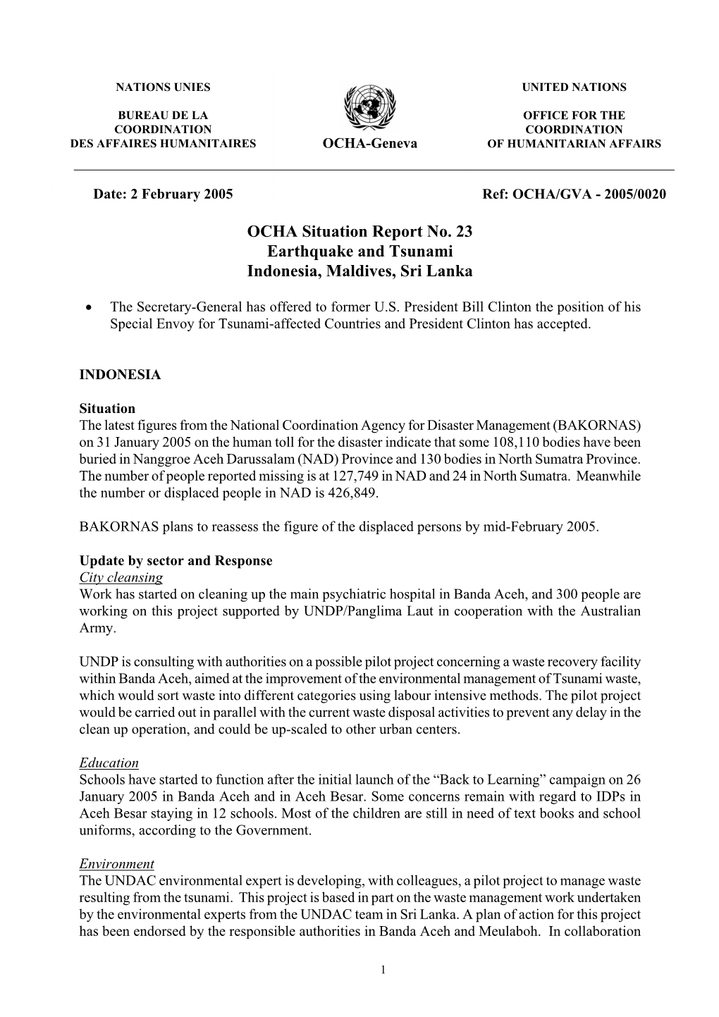 OCHA Situation Report No. 23 Earthquake and Tsunami Indonesia, Maldives, Sri Lanka