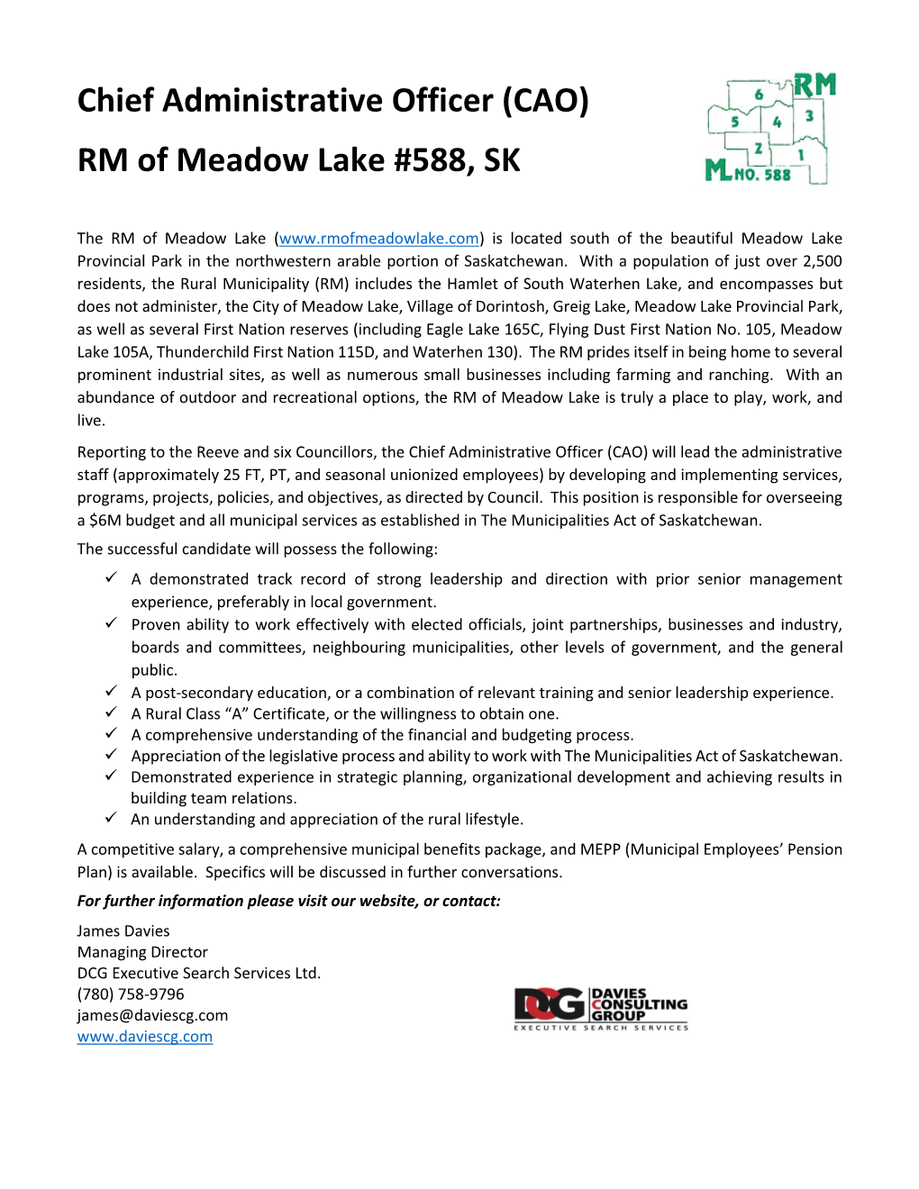 Chief Administrative Officer (CAO) RM of Meadow Lake #588, SK