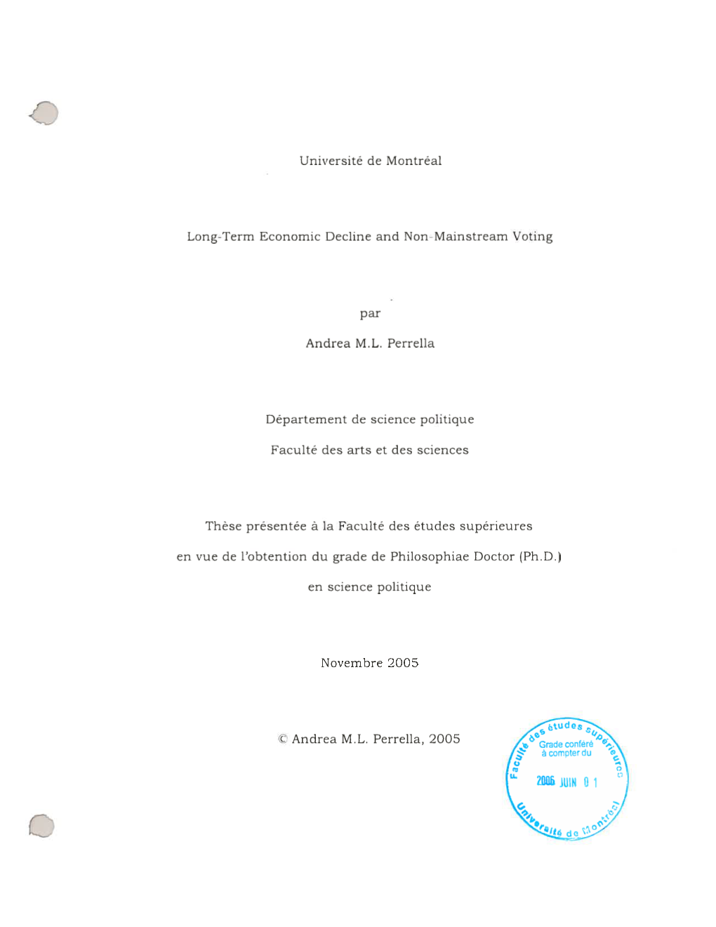 Université De Montréal Long-Term Economic Decline and Non