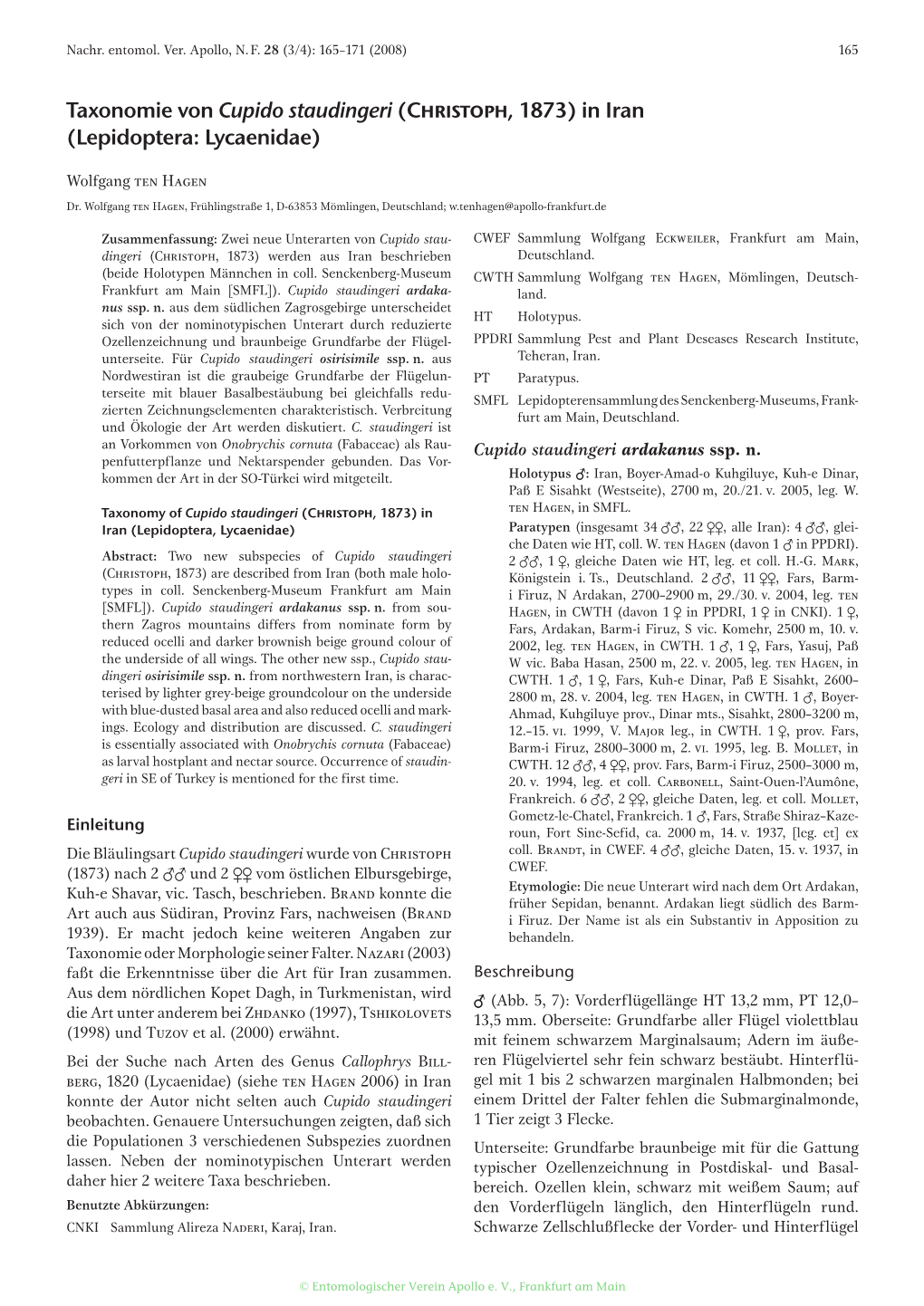 Taxonomie Von Cupido Staudingeri (Christoph, 1873) in Iran (Lepidoptera: Lycaenidae)