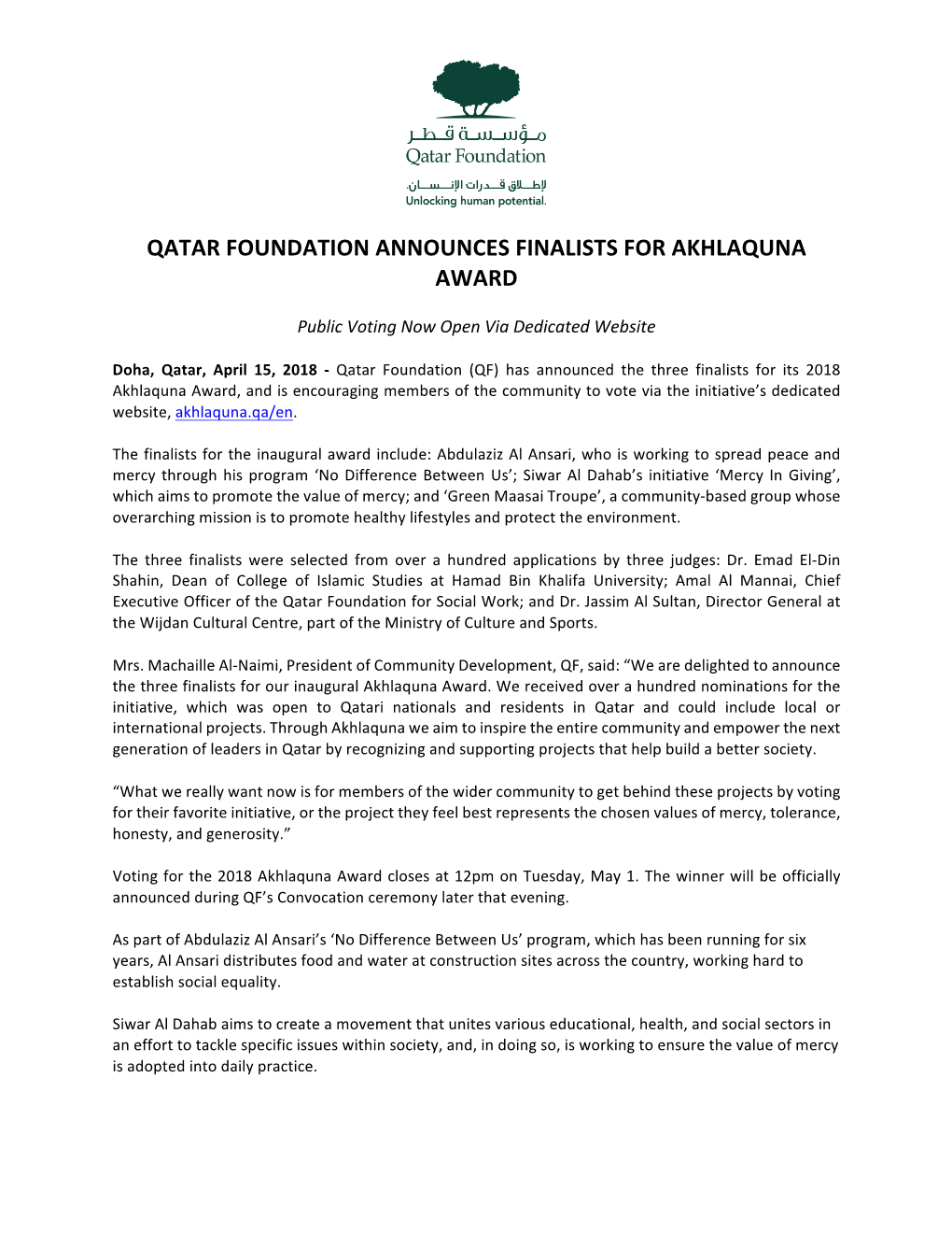 Qatar Foundation Announces Finalists for Akhlaquna Award