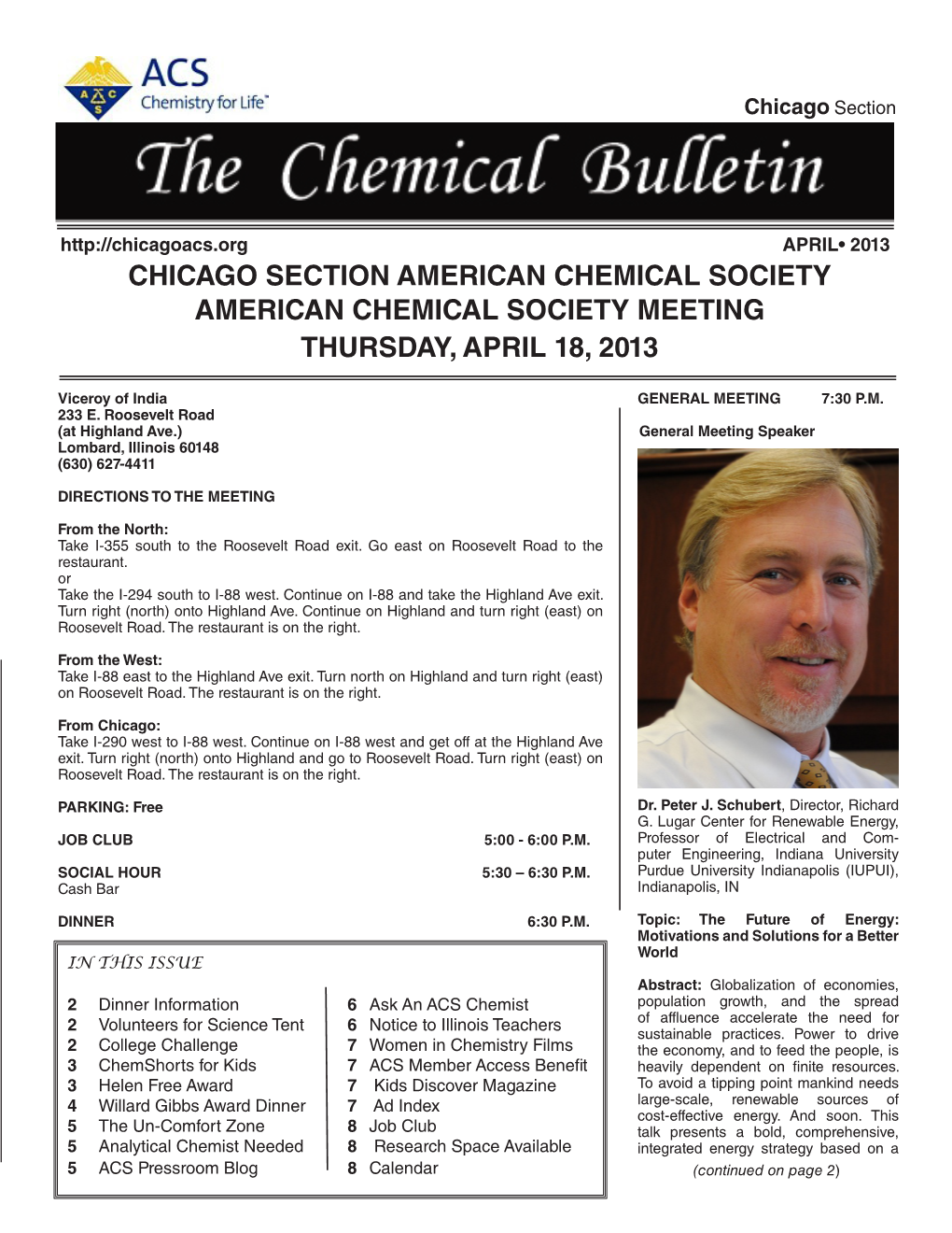Chicago Section American Chemical Society American Chemical Society Meeting Thursday, April 18, 2013