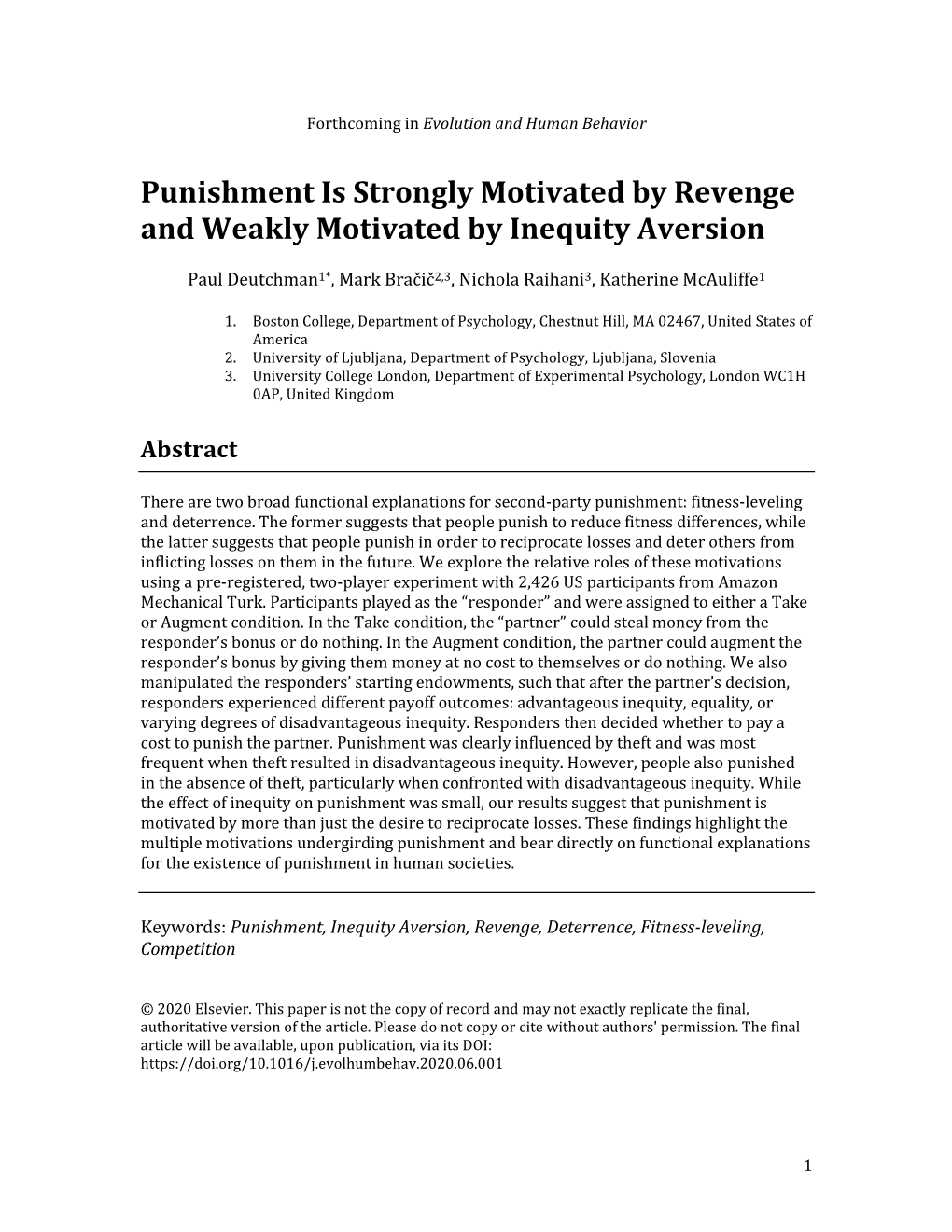 Punishment Is Strongly Motivated by Revenge and Weakly Motivated by Inequity Aversion