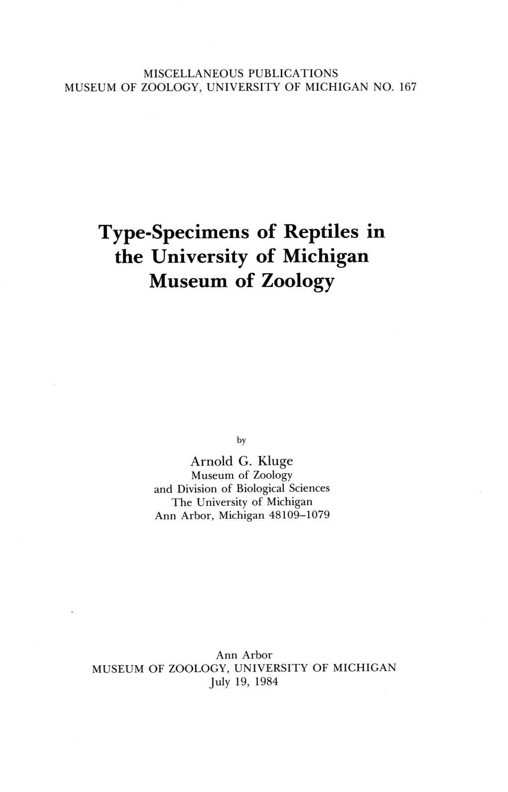 Type-Specimens of Reptiles in the University of Michigan Museum of Zoology